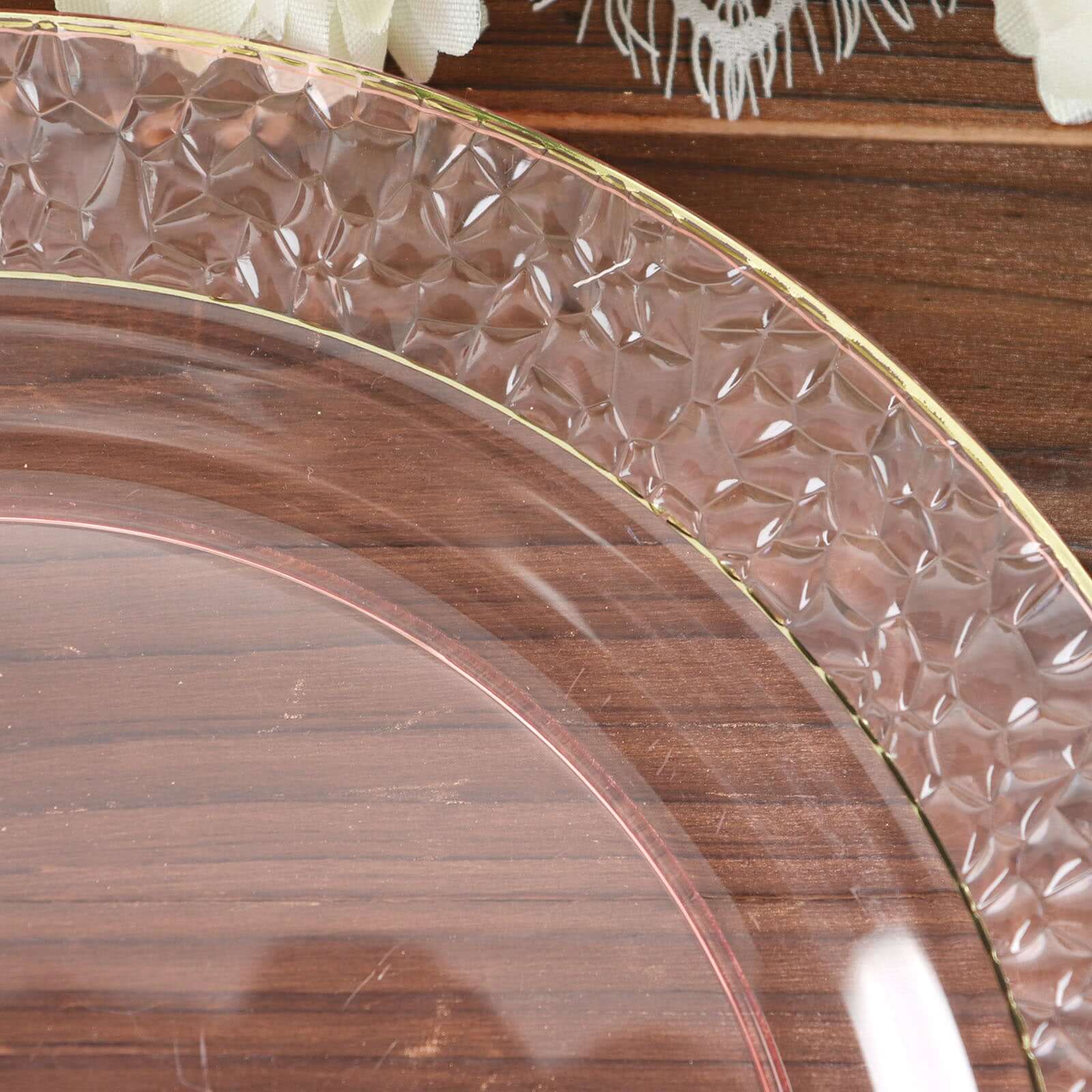 10-Pack Plastic 7.5" Round Appetizer Plates in Blush Hammered Design with Gold Rim - Disposable Salad Plates for Chic Banquets & Special Occasions