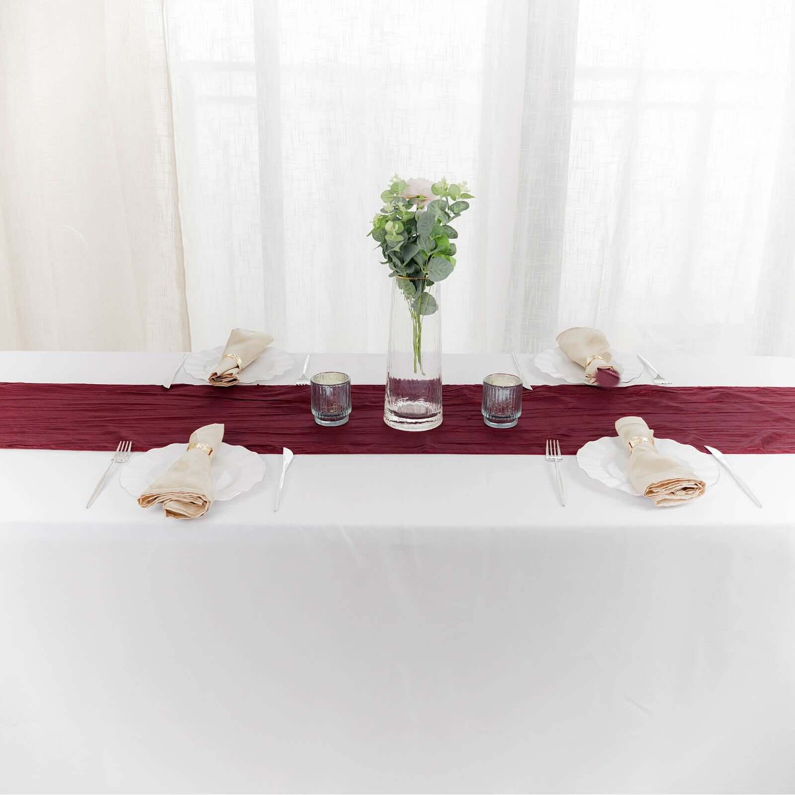 Taffeta 12"x108" Table Runner Burgundy - Accordion Crinkle Design