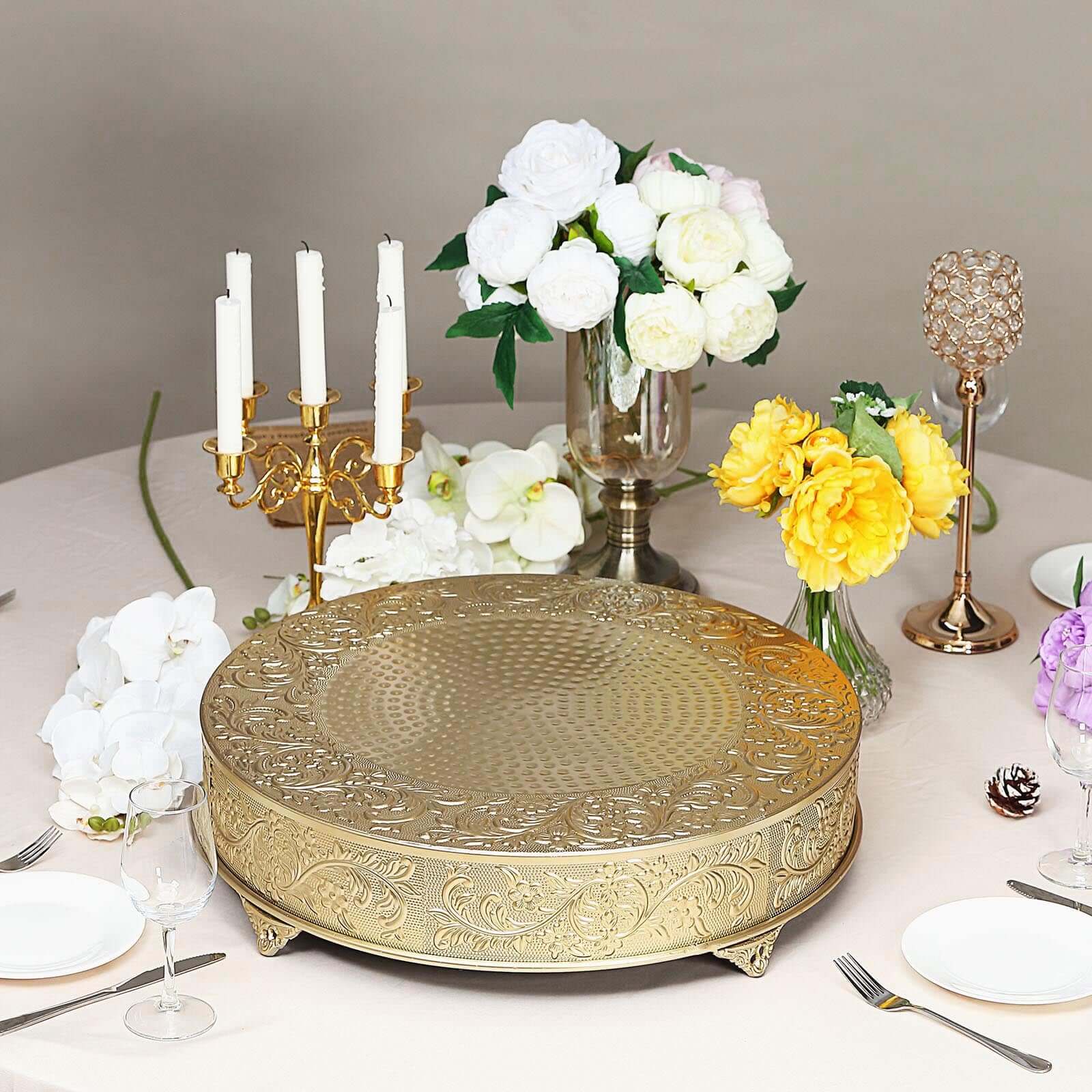 Metal 22" Round Cake Pedestal Stand Matte Gold - Cupcake Dessert Display Riser with Intricate Embossed Design for Upscale Events & Gatherings