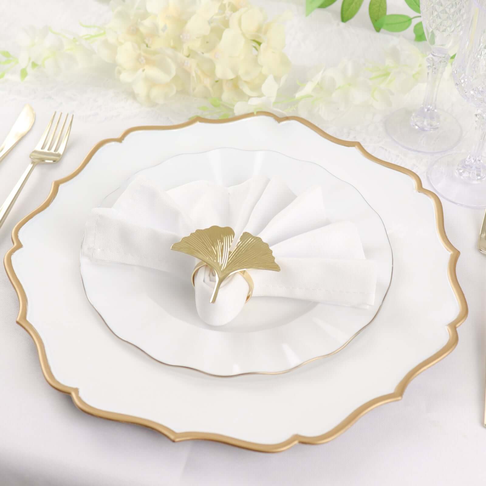 6-Pack Acrylic Round Charger Plates 13" in White with Gold Scalloped Rim, Decorative Dinner Party Plastic Charger Tableware