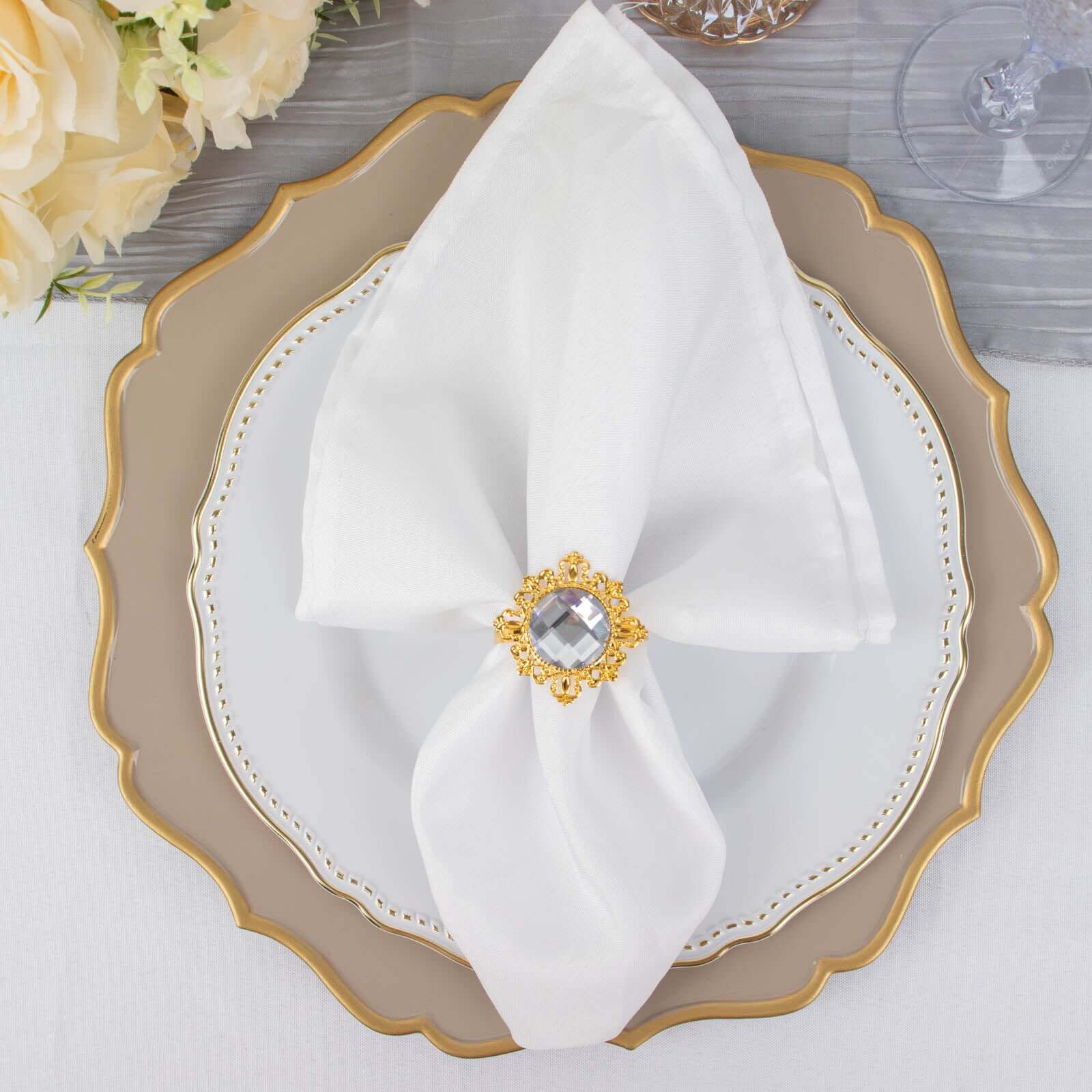 6 Pack 2" Gold Metal Clear Crystal Rhinestone Napkin Rings, Diamond Bling Napkin Holders
