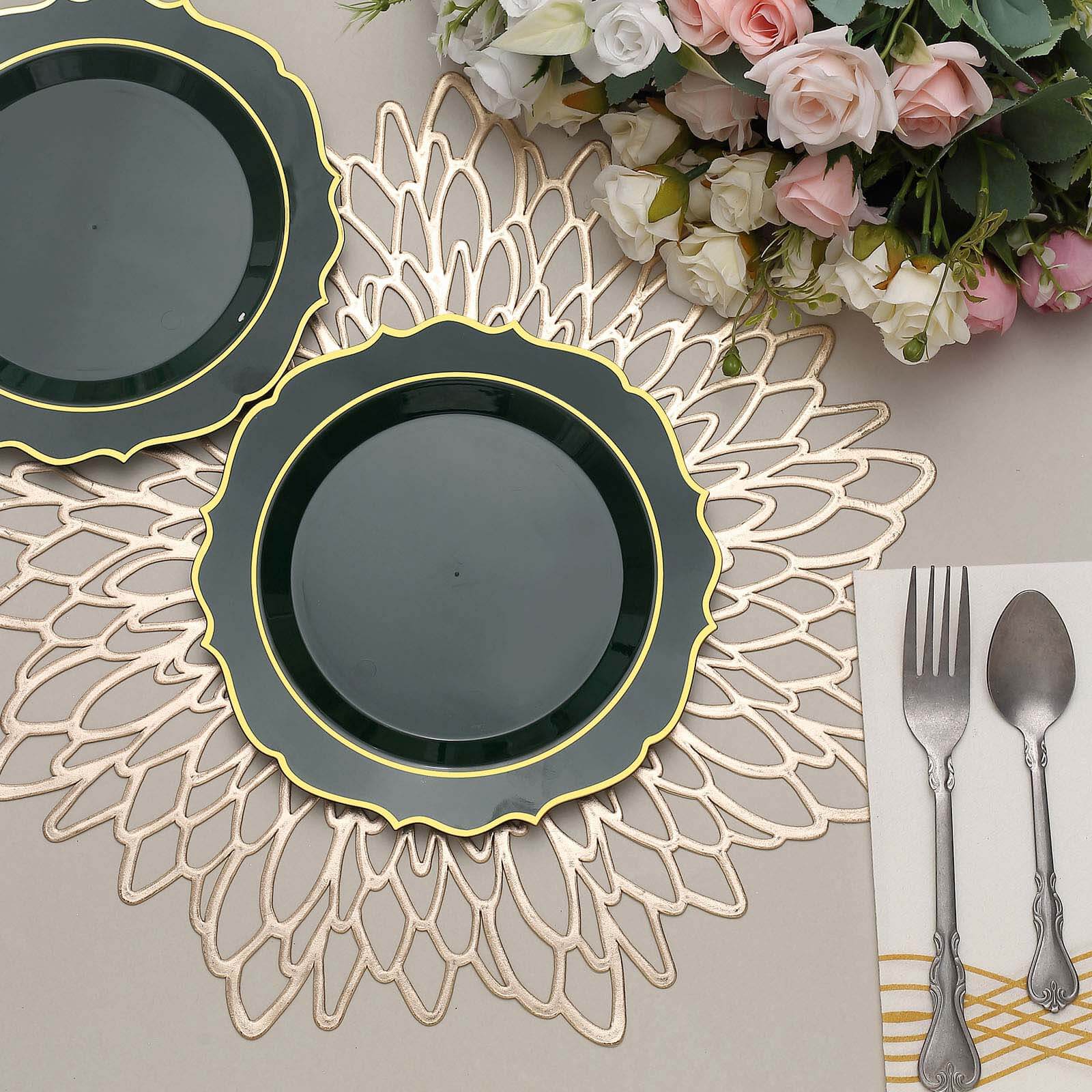10-Pack Plastic 8" Round Desert Plates in Hunter Emerald Green with Gold Scalloped Rim - Disposable Appetizer/Salad Plates