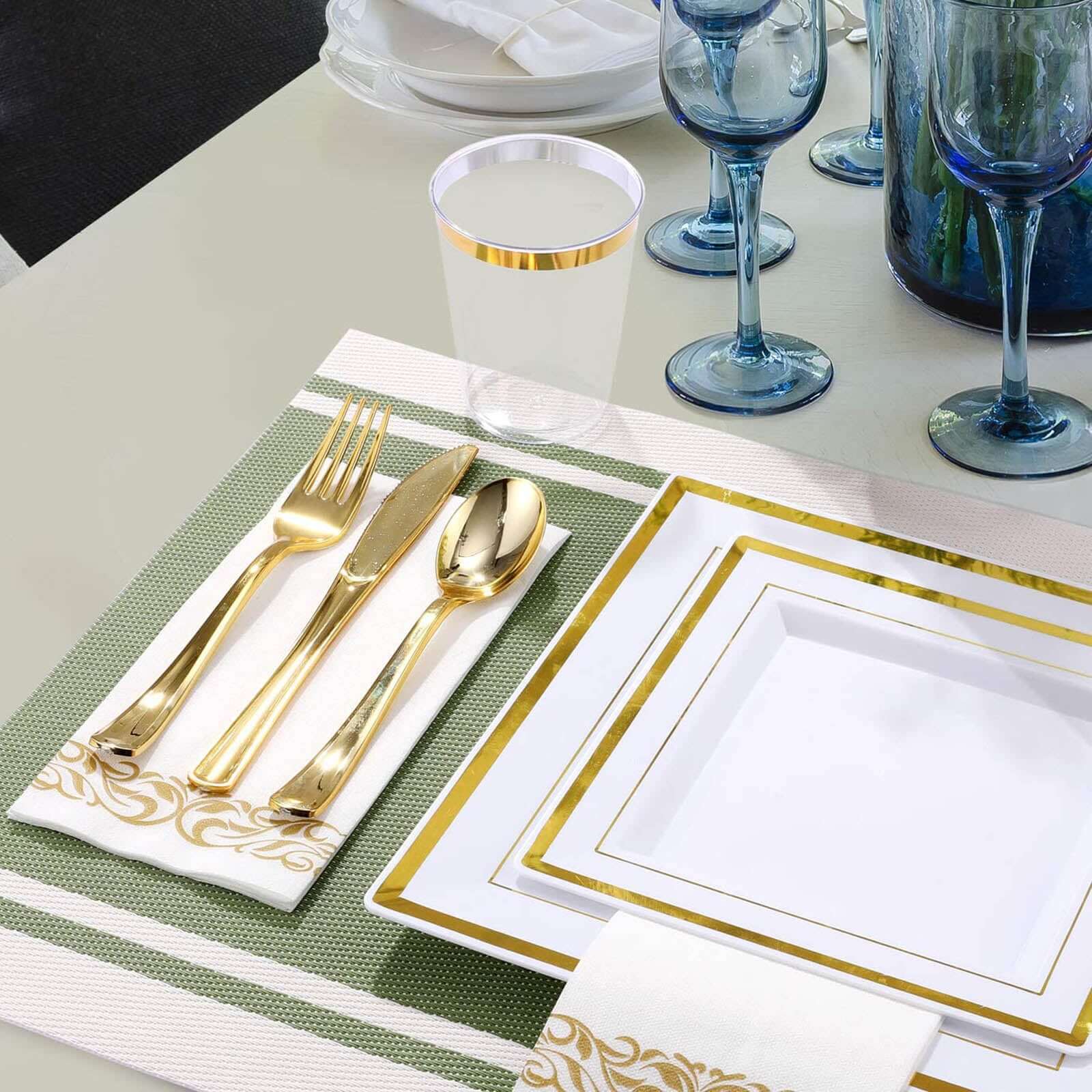 10-Pack Plastic Salad Dessert Plates White Square with Gold Trim - Durable Disposable Appetizer Plates 7"