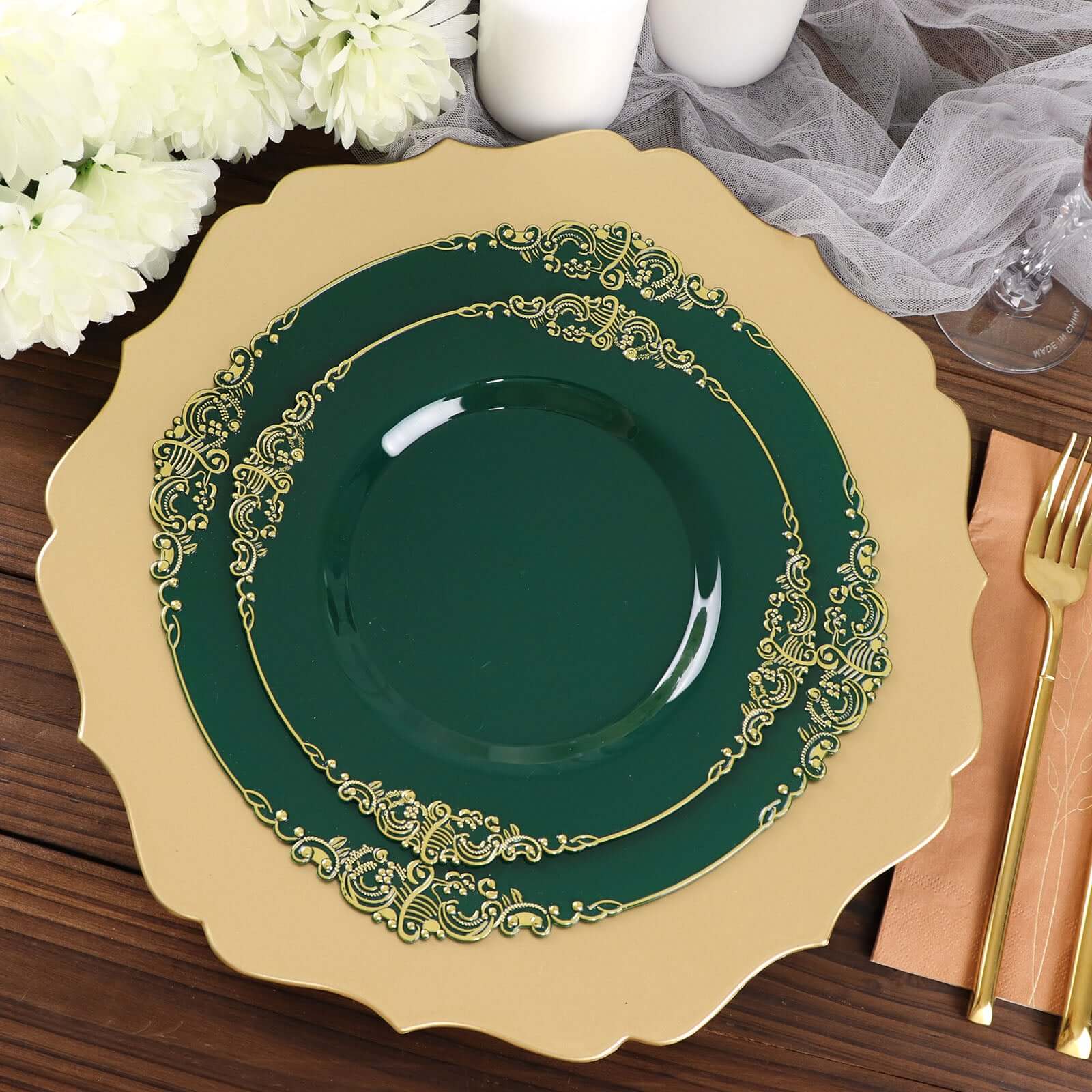 10-Pack Plastic 8" Round Dessert Plates in Hunter Emerald Green with Gold Leaf Embossed Rim - Disposable Vintage Baroque Style Salad Plates