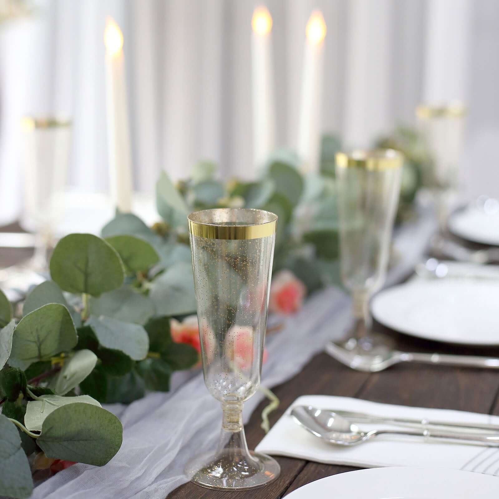 12-Pack Plastic Champagne Flutes Clear Gold Glittered with Gold Rim - Stylish Disposable Cocktail Glasses for Parties 5oz 6"