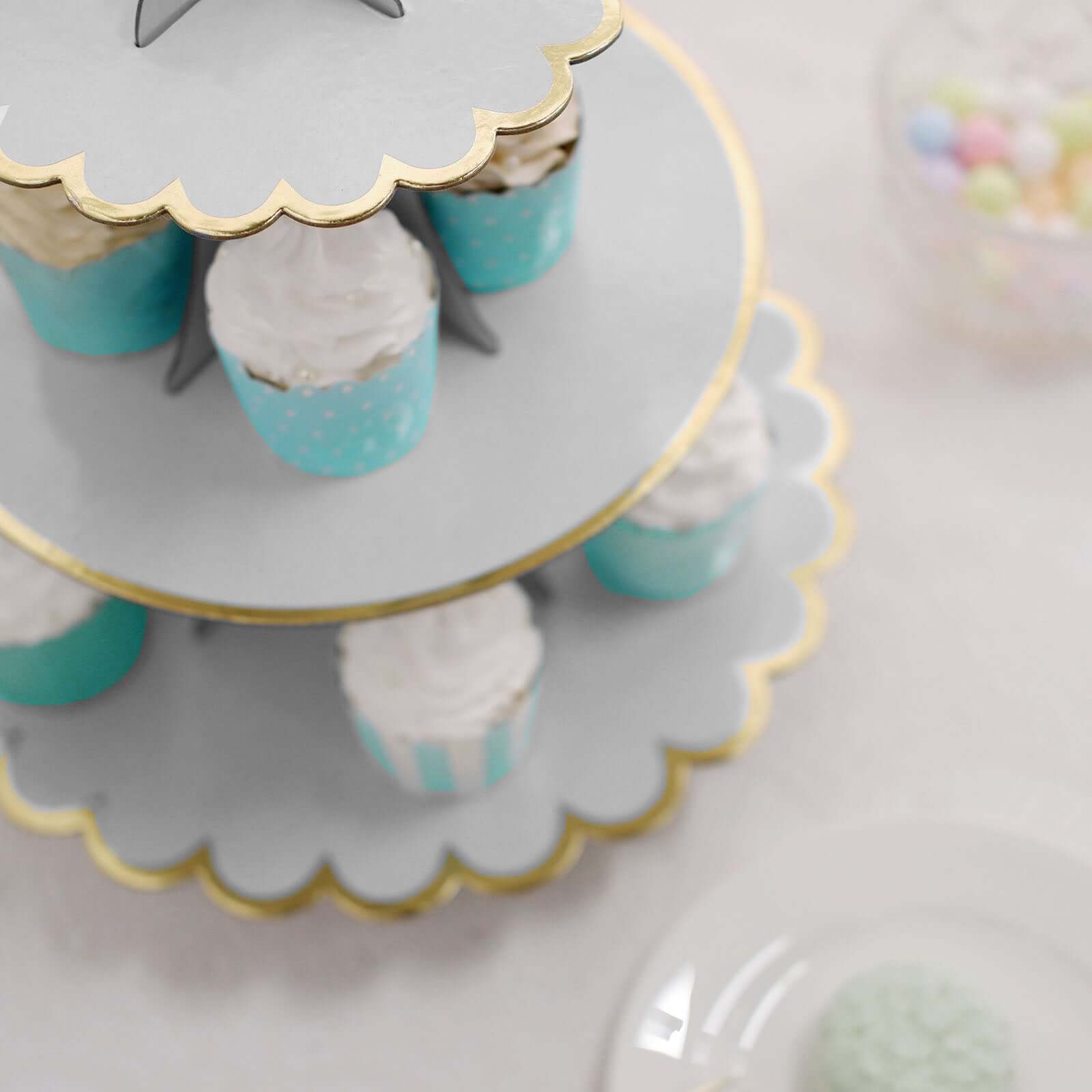 3-Tier Cardboard Cupcake Stand White - Sturdy & Collapsible Dessert Treat Tower with Gold Scalloped Rim for Baby Shower Wedding & Party Decor 13"