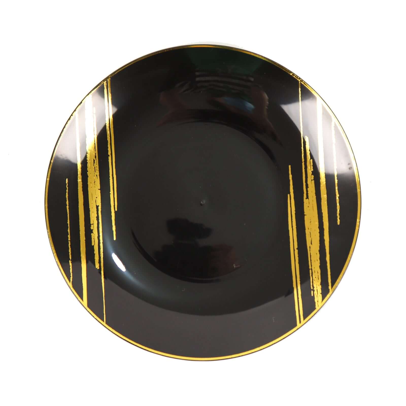 10-Pack Plastic 7" Round Dessert Plates in Black with Gold Brush Stroked Print - Disposable Appetizer Salad Plates for Modern Themed Events & Banquets