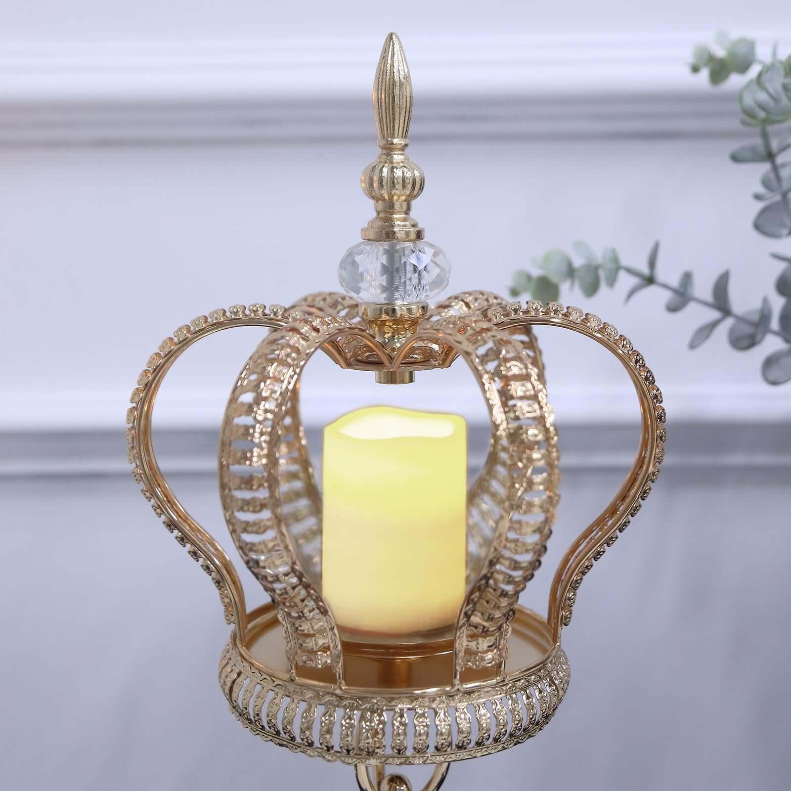 Metal Crown Spiral Pillar Candle Holder Stand Gold - Jeweled Votive Candle Centerpiece 18"
