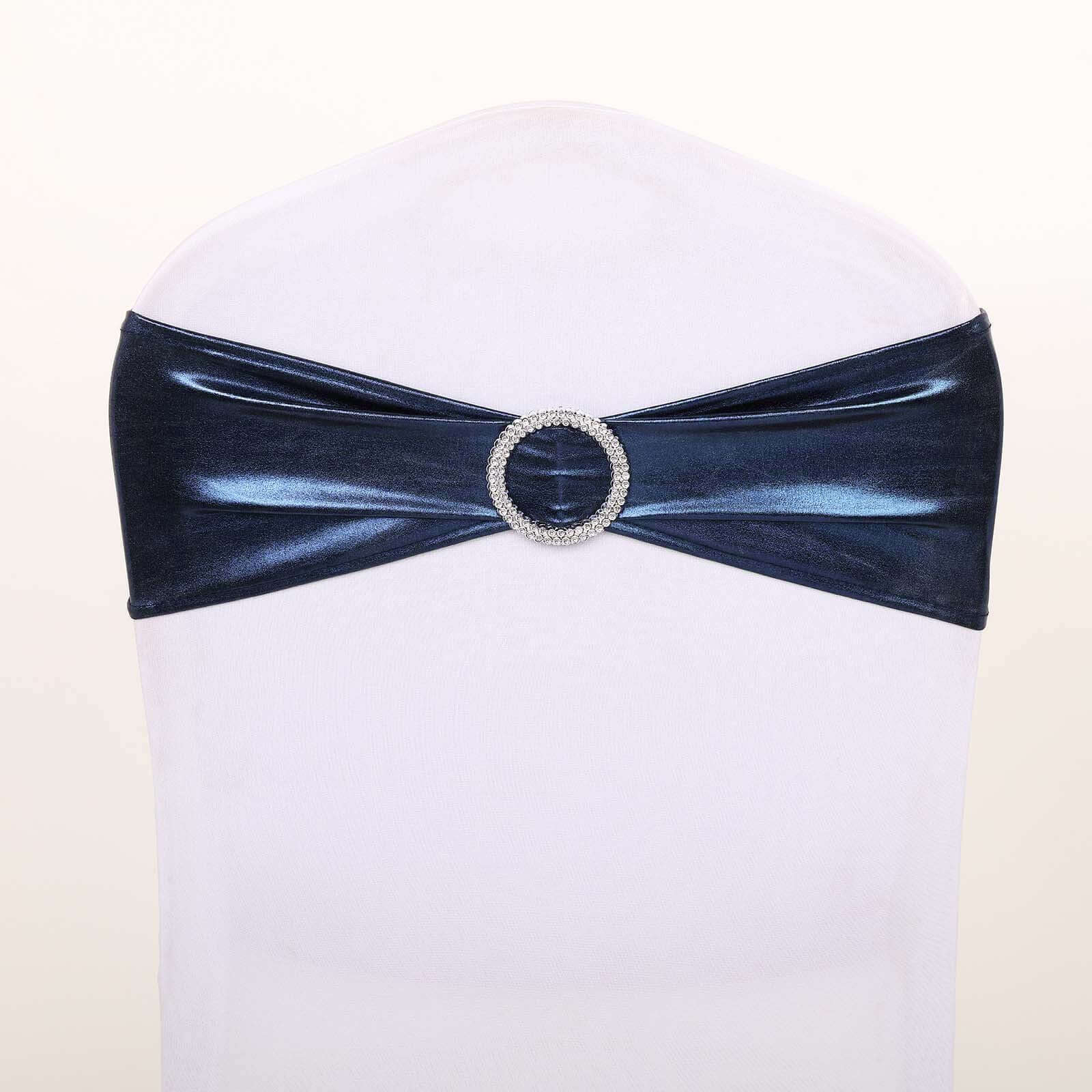 5 Pack Metallic Spandex Chair Sashes Navy Blue - Stretch Fit Chair Bands With Round Diamond Buckles
