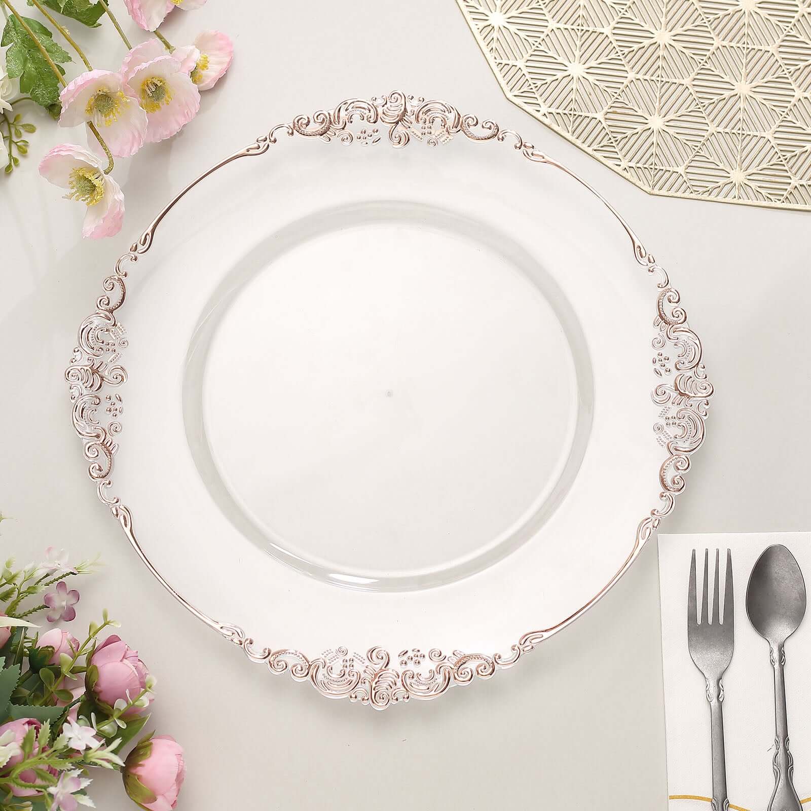 6-Pack Acrylic Round Charger Plates 13" in Clear with Rose Gold Embossed Baroque Rim, Antique Decorative Dinner Party Charger Tableware