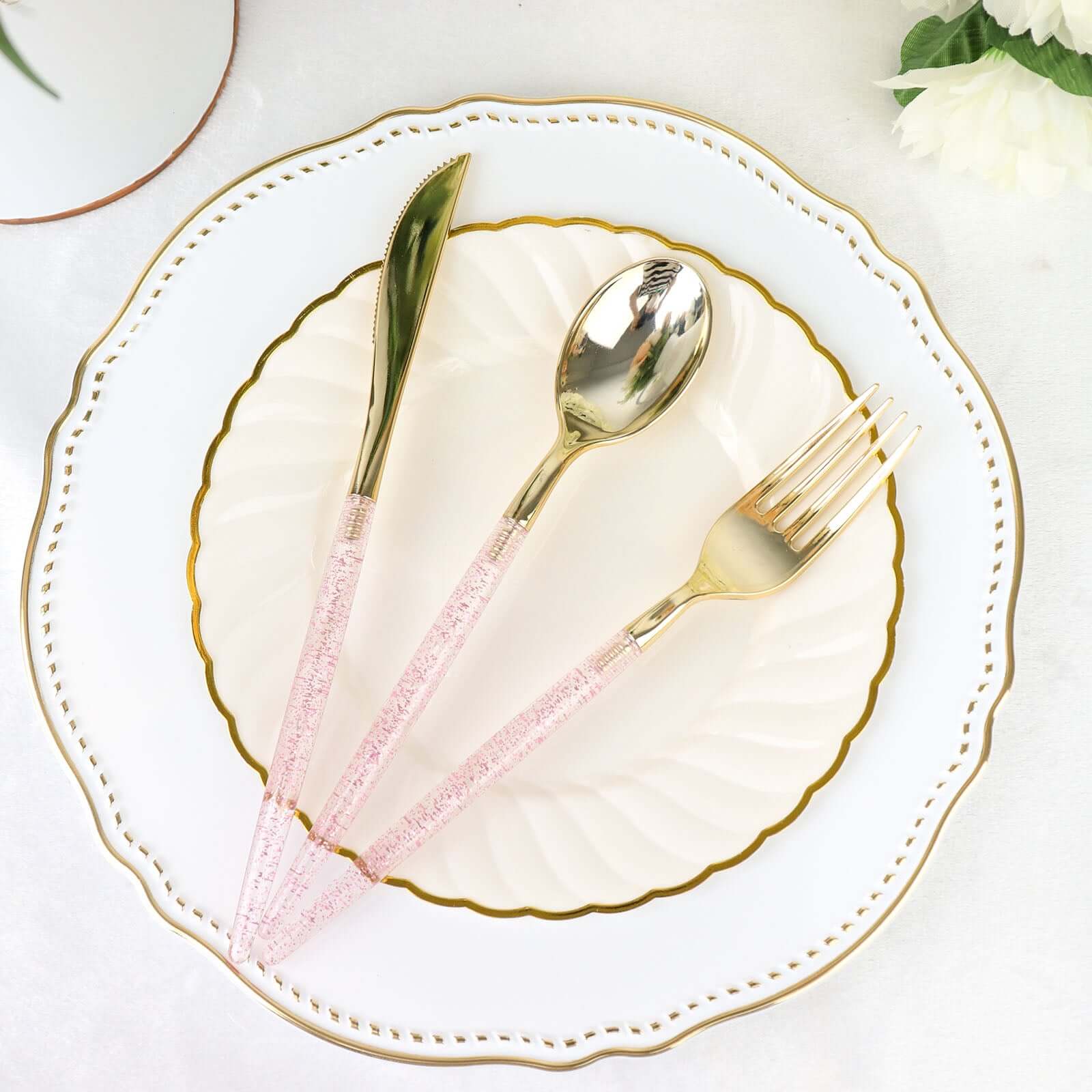 24-Pack Plastic Cutlery Set Metallic Gold with Rose Gold Glitter - Stylish Disposable Silverware-Pack 8"