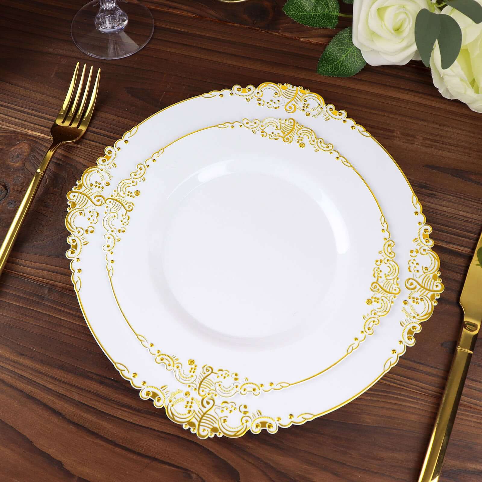 10-Pack Plastic 8" Round Dessert Plates in White with Gold Leaf Embossed Rim - Disposable Vintage Baroque Style Salad Plates for Luxurious Gatherings & Events
