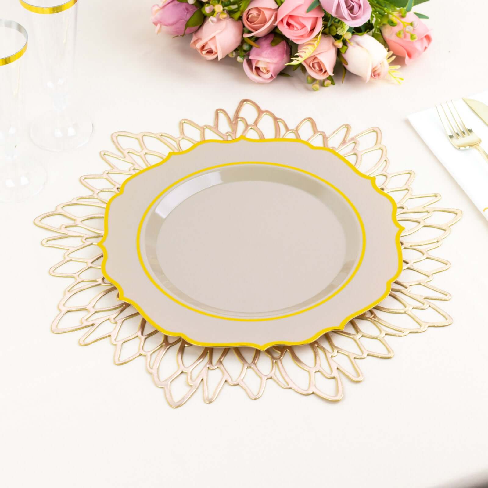 10-Pack Plastic 8" Round Desert Plates in Taupe with Gold Scalloped Rim - Disposable Appetizer/Salad Plates