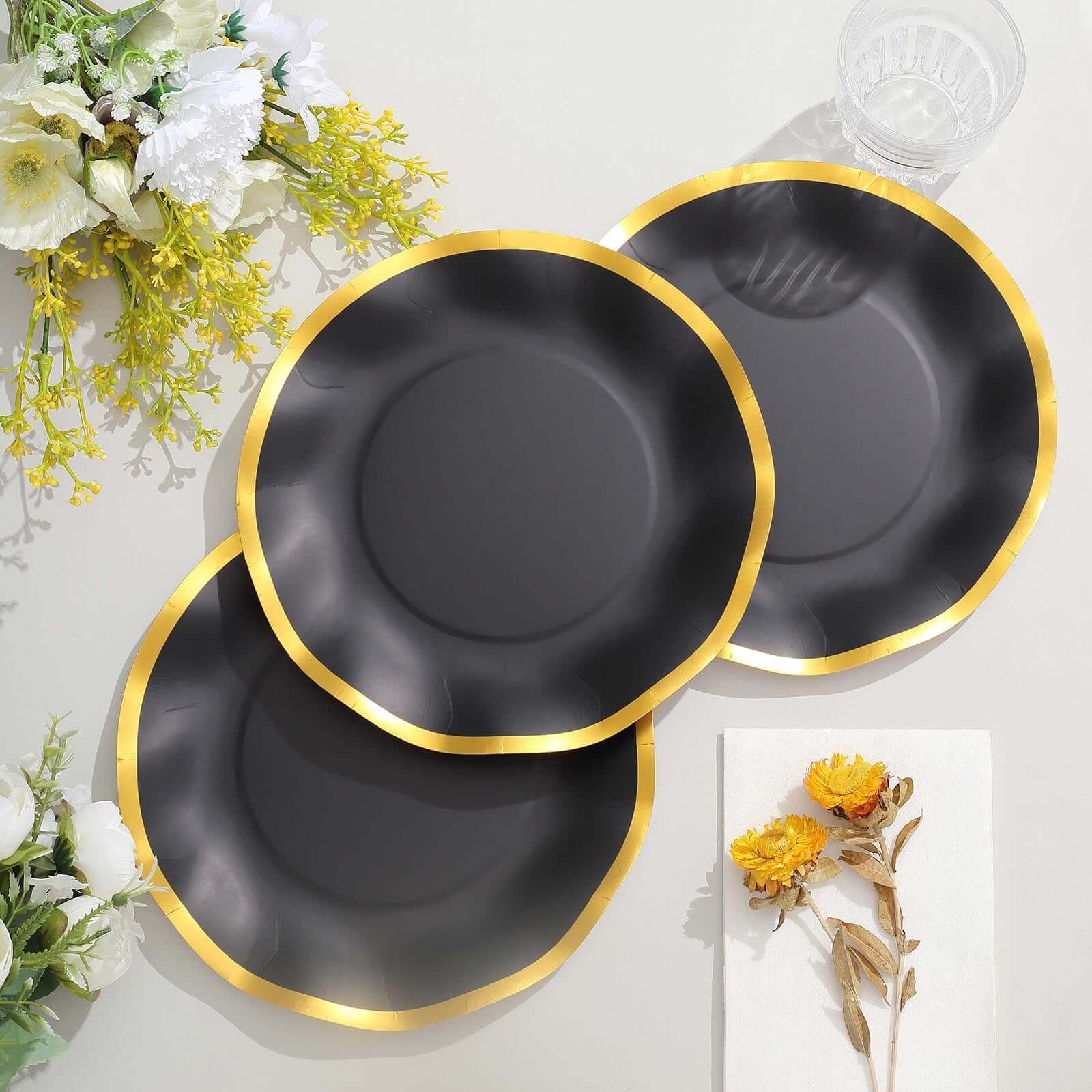 25-Pack Paper Round Dessert Plates 8" Matte Black with Gold Wavy Rim - Disposable 350GSM Salad Plates