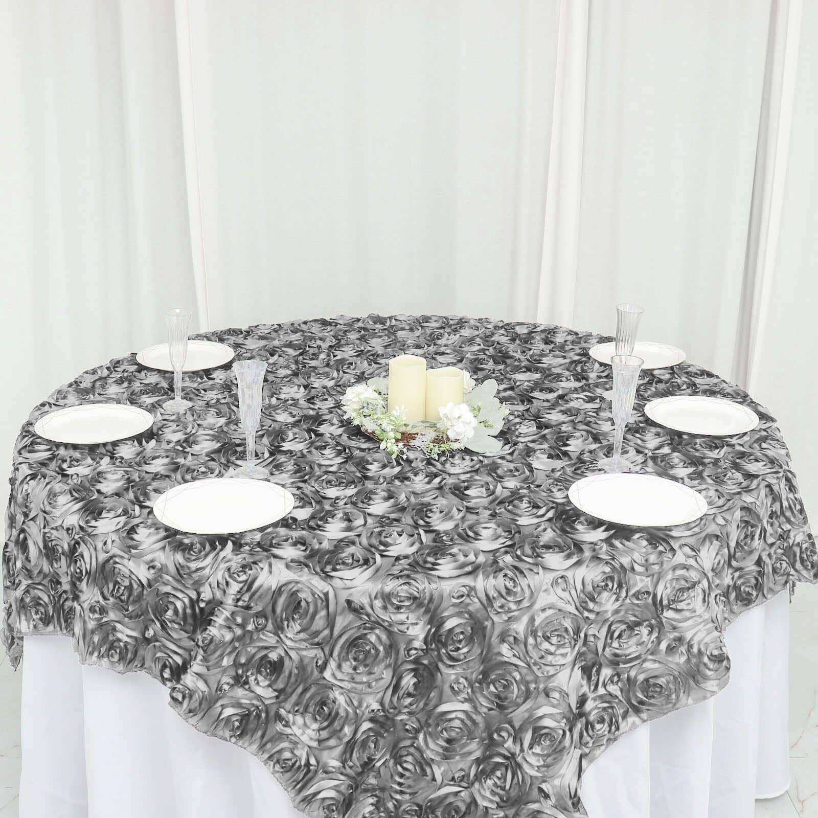 Satin 72"x72" Table Overlay Square Tablecloth Silver - 3D Rosette Table Cover
