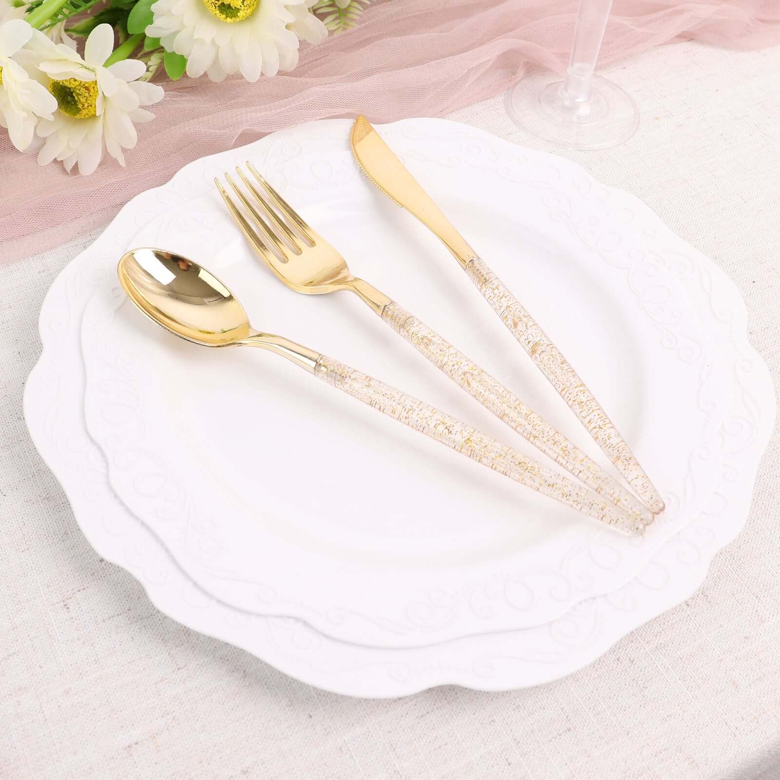 24-Pack Plastic Cutlery Set Metallic Gold with Gold Glitter - Stylish Disposable Silverware-Pack 8"