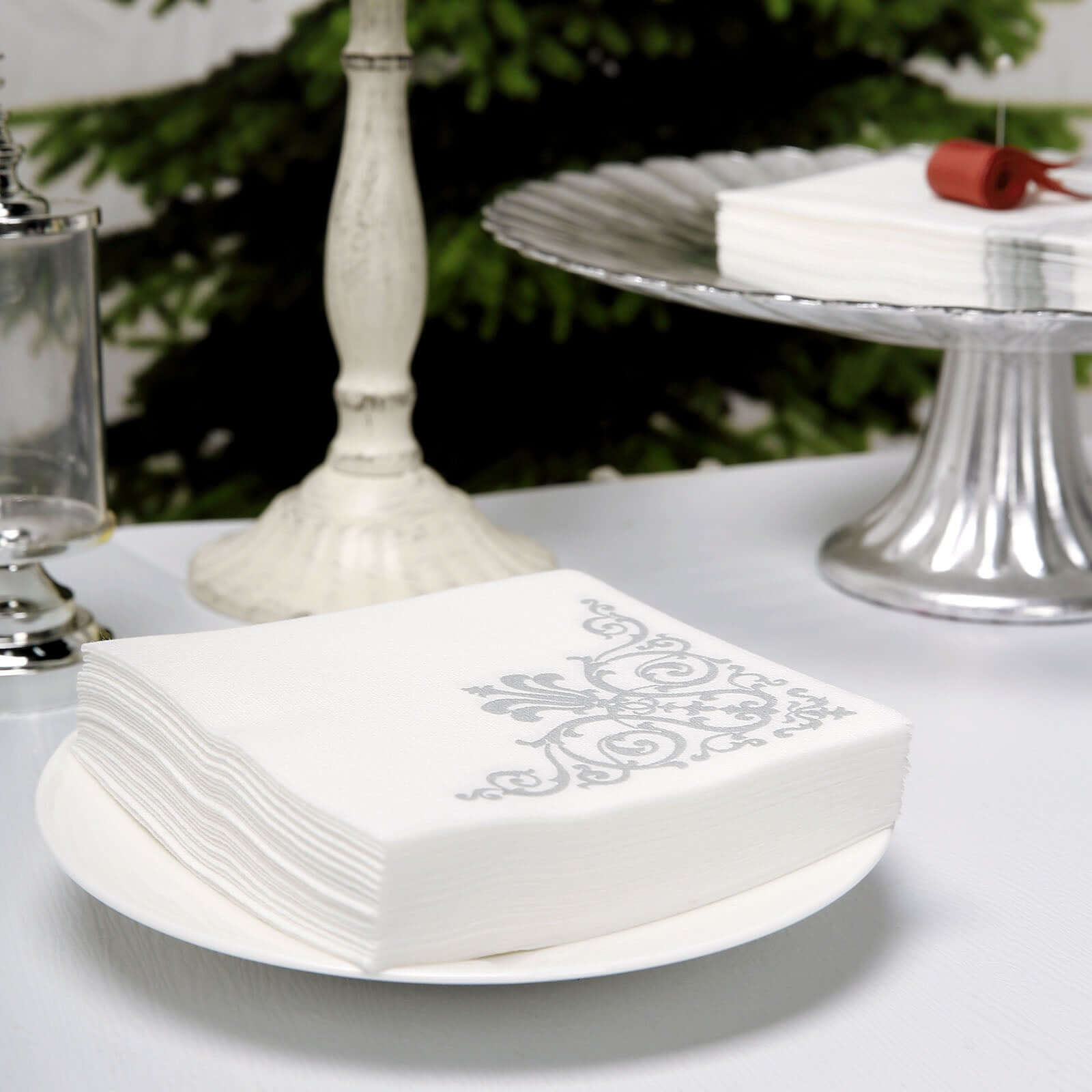 20 Pack Linen-Like Paper 5"x5" Napkins White - Silver Fleur Vintage Design - Classy Airlaid Cocktail Napkins for Events