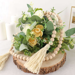 55" Cream Rustic Boho Chic Wood Bead Garland With Tassels, Farmhouse Country Wood Bead Chain