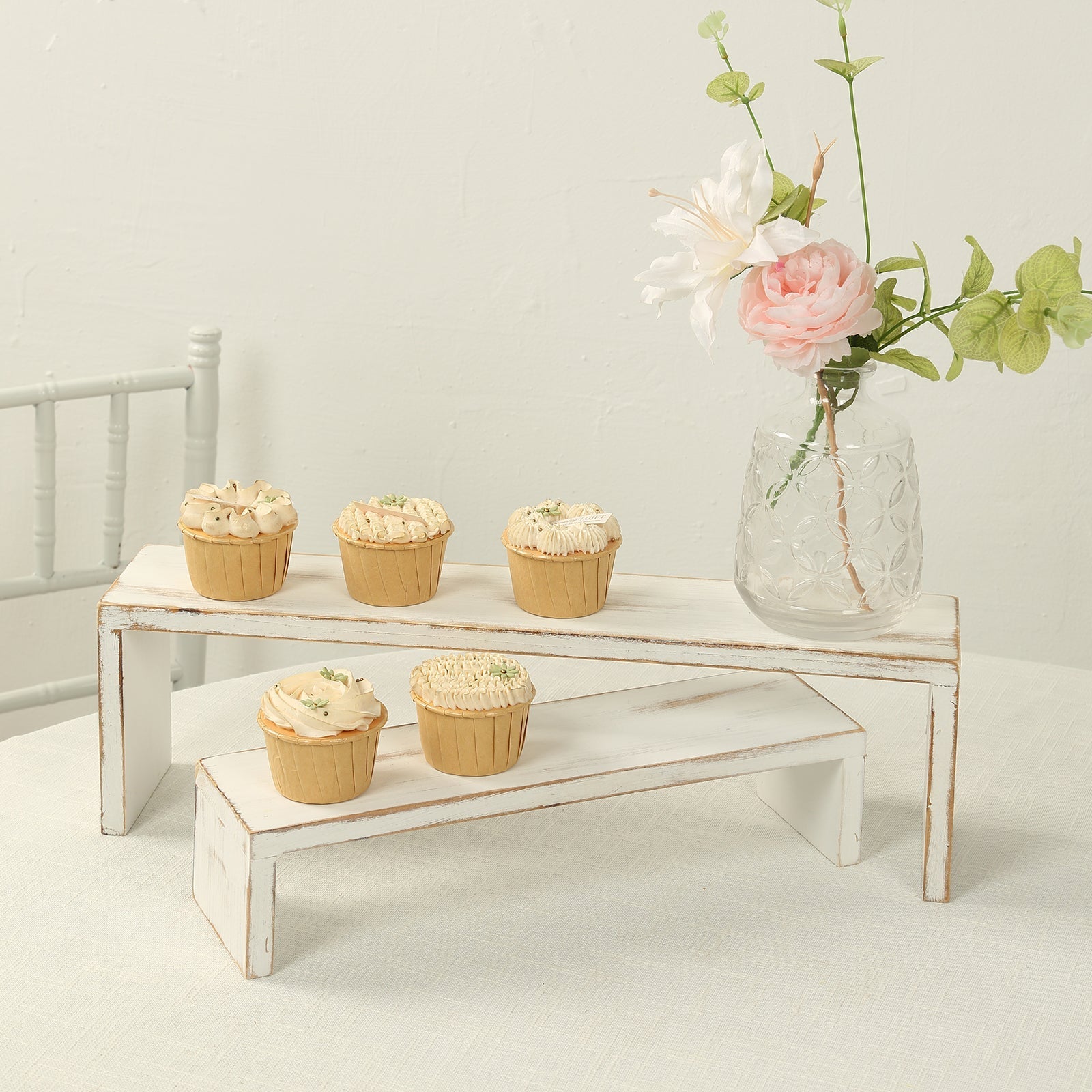 Set of 4 Wooden Display Risers Whitewash Rectangular Bench Style - Stackable Rustic Farmhouse Nesting Stands 14", 16", 17", 19"