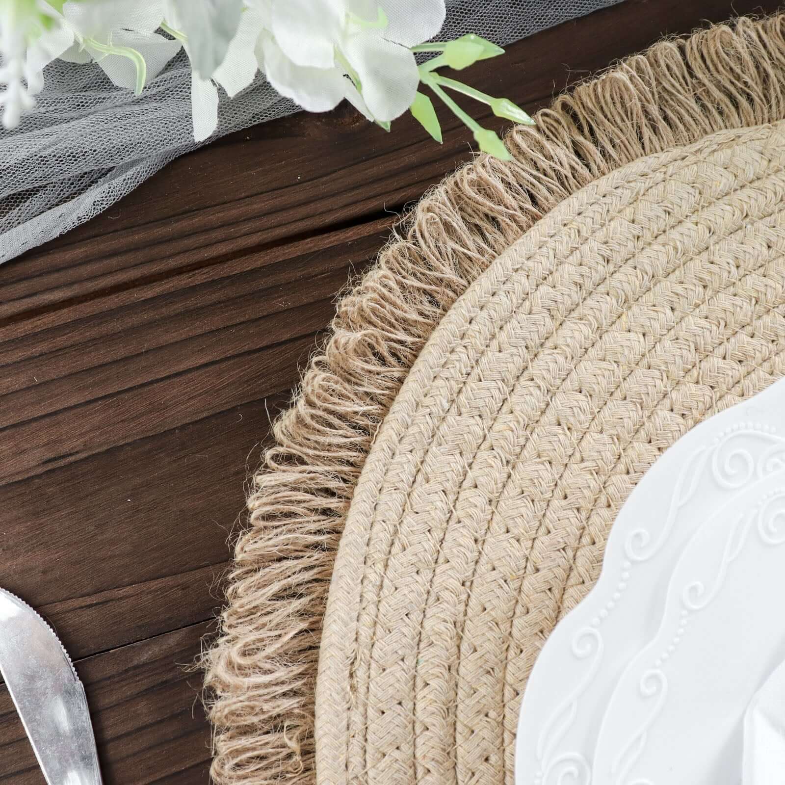 4-Pack Placemats Fringed Edge Design Natural Rustic Burlap Jute Round - Farmhouse Style Table Mats with Trim 15"
