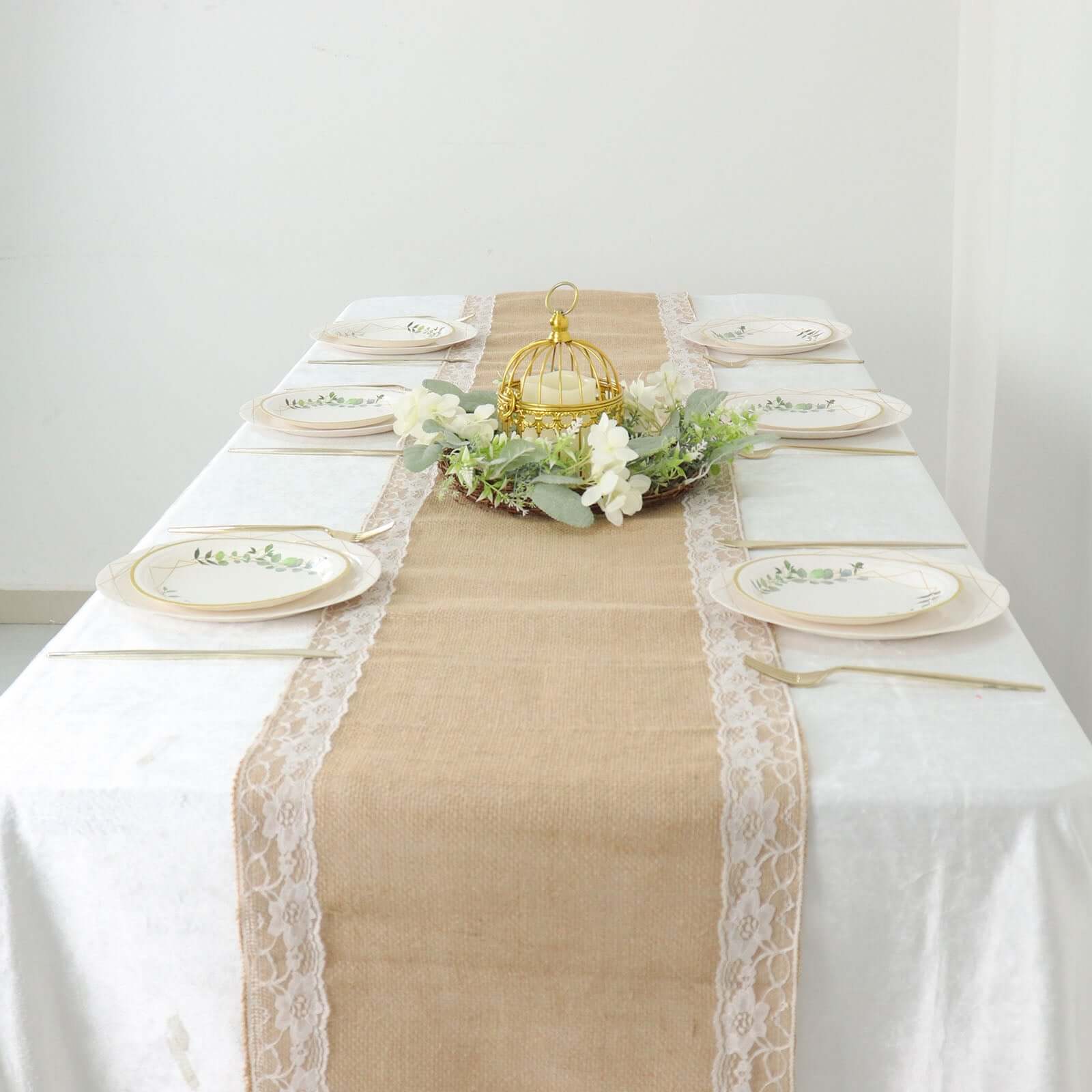 Burlap Jute 14"x104" Table Runner Natural With White Lace Trim Edges - Rustic Vintage Tabletop Decor