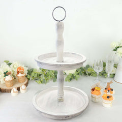 2-Tier Wooden Serving Tray Stand Rustic Whitewashed Design - Farmhouse Style Cupcake Display 20"