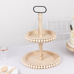 2-Tier Wooden Serving Tray Stand Beaded Design with Metal Handle Natural - Round Rustic Farmhouse Cupcake Display 17"