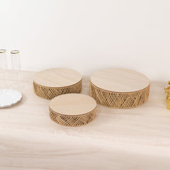 Set of 3 Pedestal Cake Stands Jute Rattan with Wooden Top Plates Natural - Stackable Round Rustic Farmhouse Design 10", 12", 14"