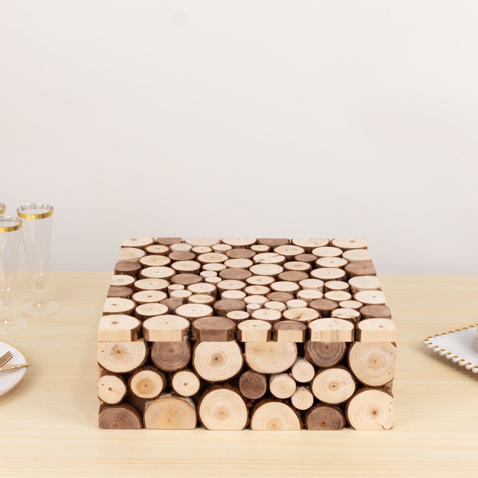 Wooden Cake Stand 14"x14" Square Design Rustic Natural Slices - Farmhouse Display Box Pedestal Riser