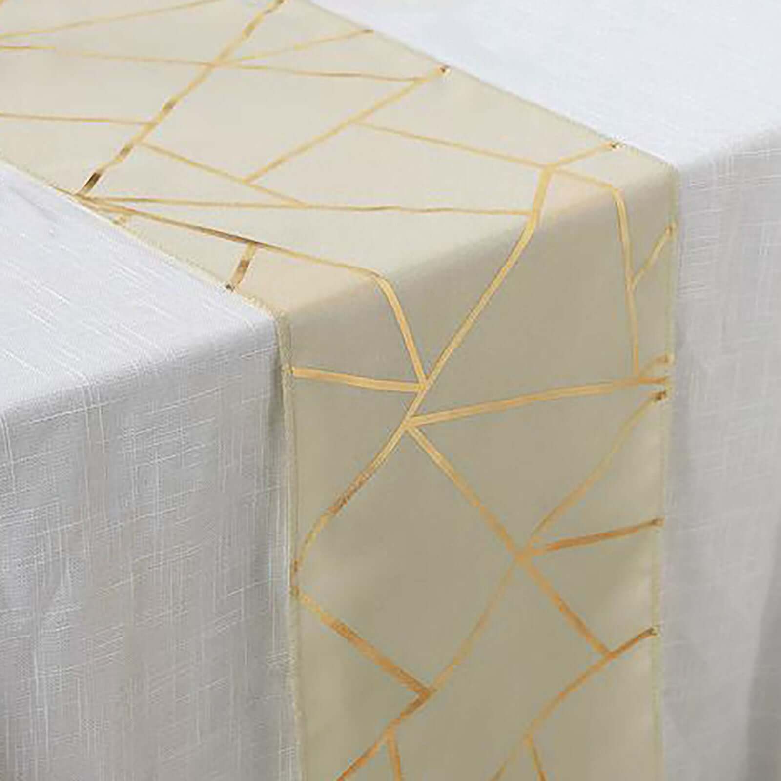 Polyester 9ft Table Runner Beige with Gold Foil Modern Geometric Accent