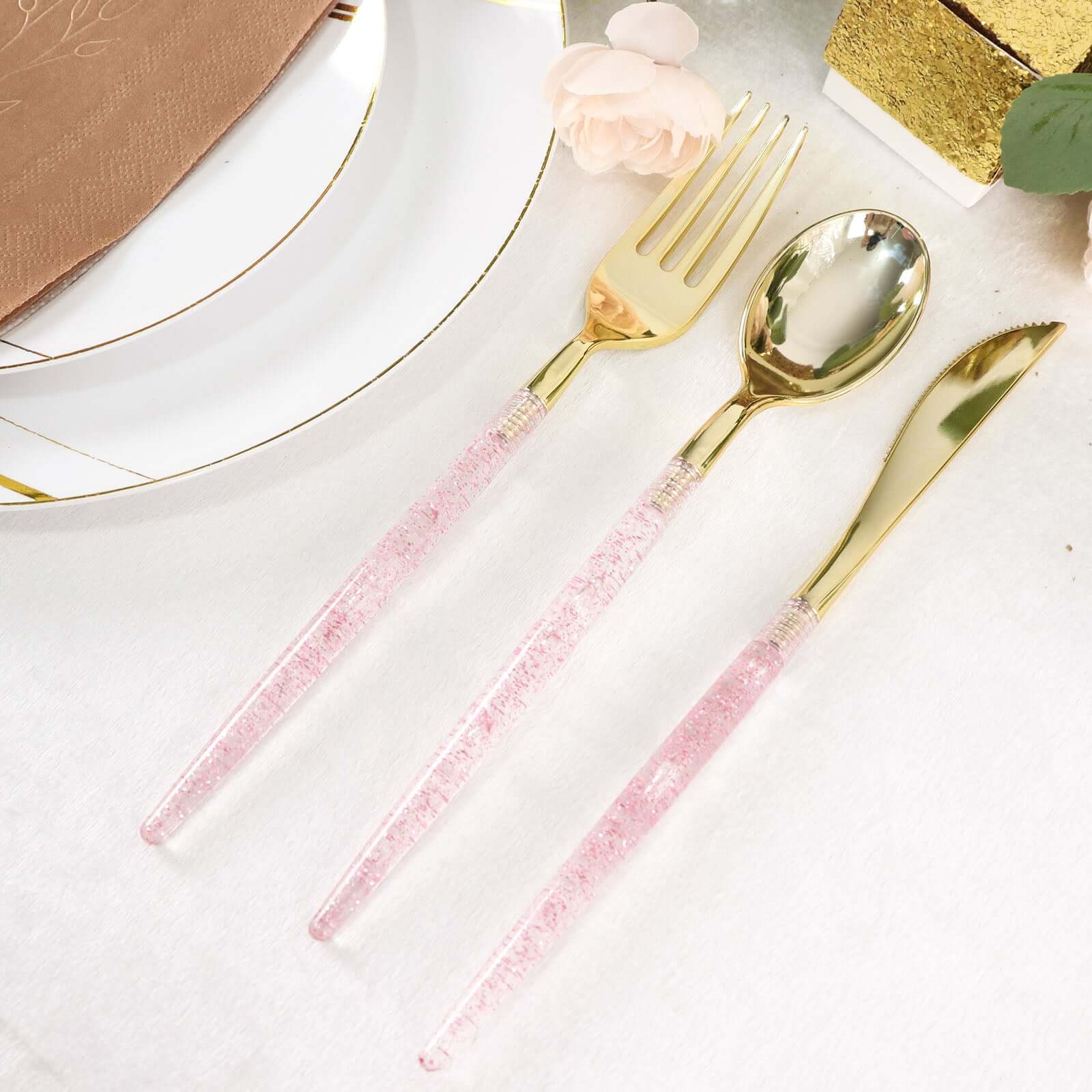 24-Pack Plastic Cutlery Set Metallic Gold with Rose Gold Glitter - Stylish Disposable Silverware-Pack 8"