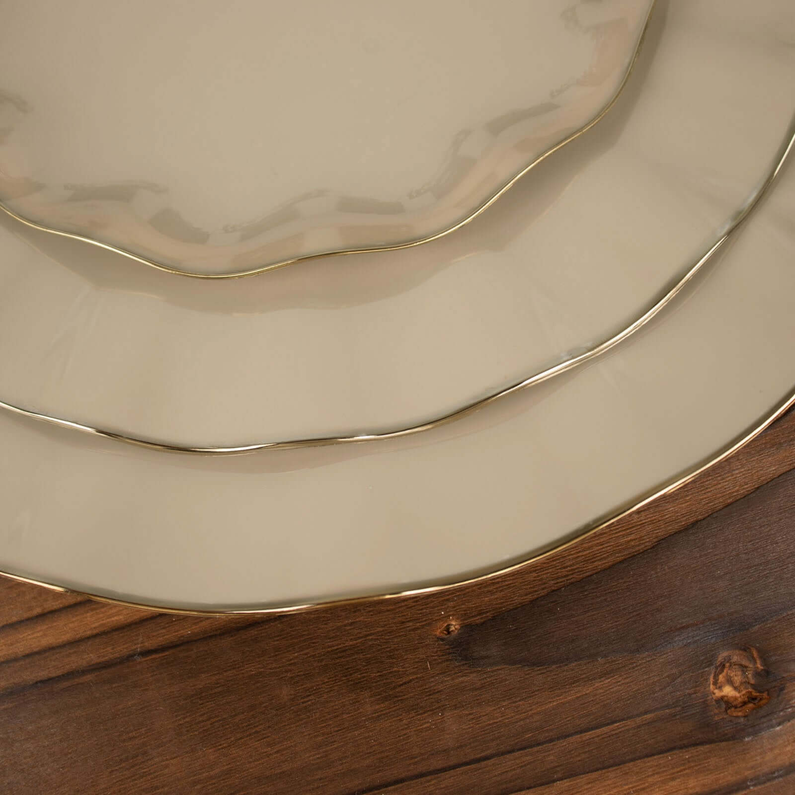 10-Pack Plastic Round 6" Dessert Plates in Taupe Ruffled Rim with Gold Edging - Sturdy Disposable Salad Appetizer Dinnerware
