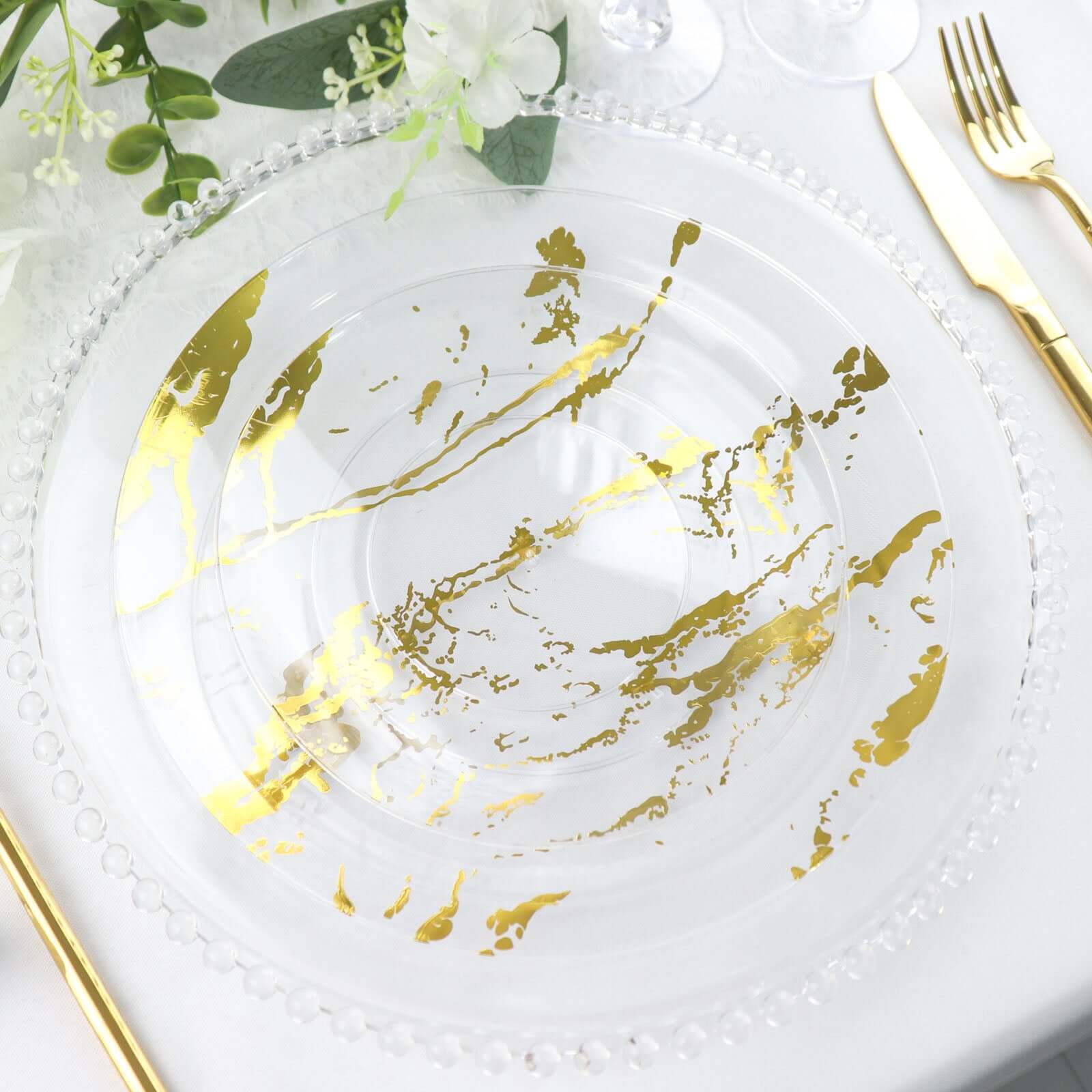 10-Pack Plastic 8" Round Dessert Plates in Clear with Gold Marble Print - Disposable Appetizer/Salad Plates for Chic Banquets & Special Occasions