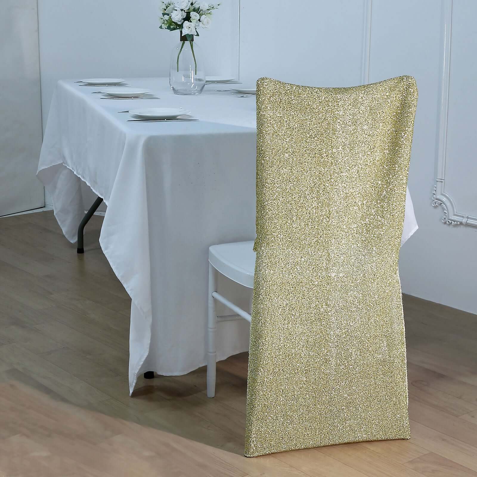 Stretch Spandex Chair Back Slipcover with Metallic Shimmer Tinsel Champagne - Durable Chiavari Chair Back Cover