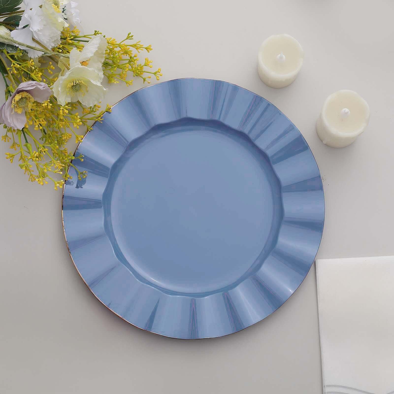 10-Pack Plastic 11" Round Dinner Plates in Ocean Blue Ruffled Rim with Gold Edging - Sturdy Disposable Dinnerware