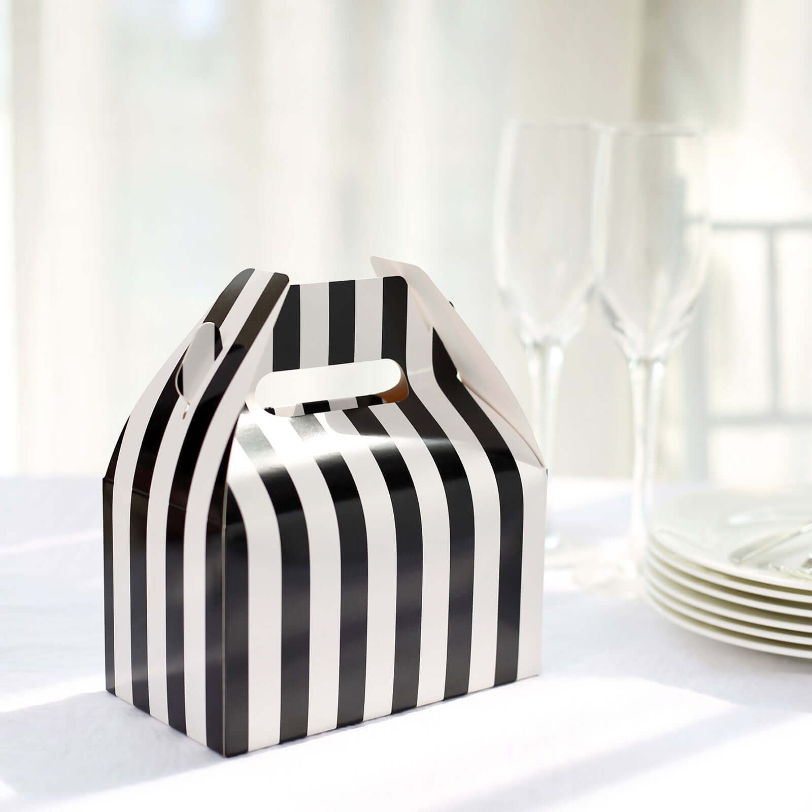 25 Pack White Black Striped Candy Gift Tote Gable Boxes, Party Favor Treat Bags - 6"x3.5"x7"