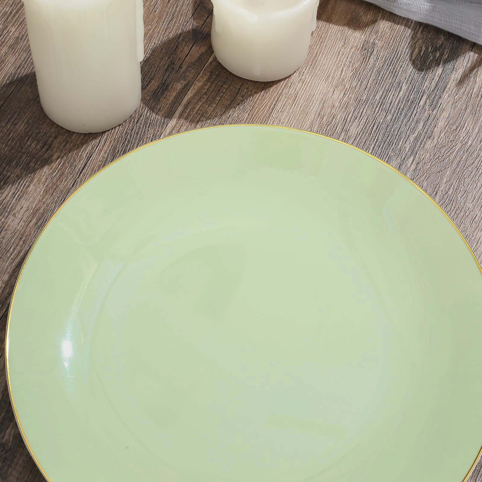 10-Pack Plastic 8" Round Dessert Plates in Sage Green with Gold Rim - Glossy Disposable Appetizer Salad Plates