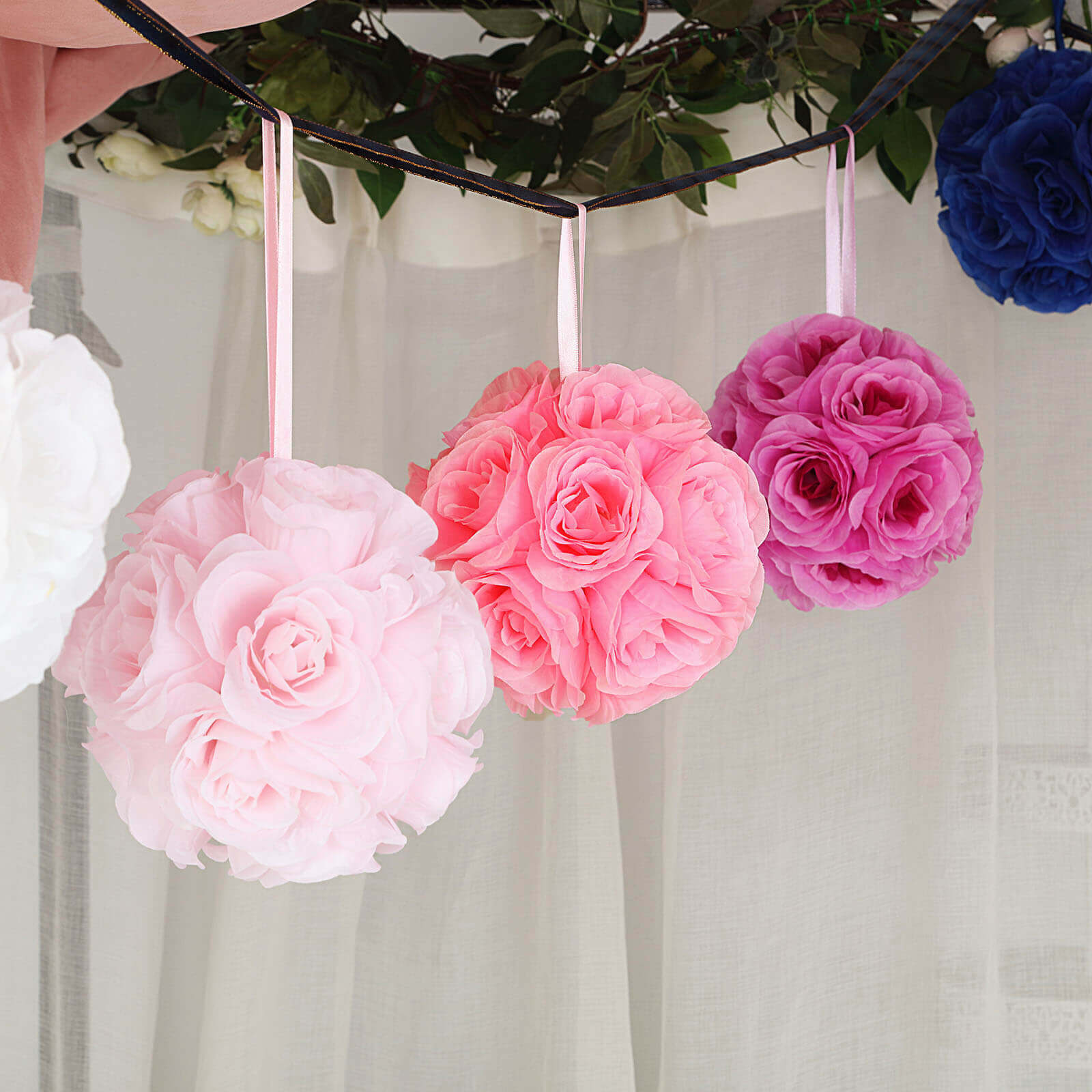 2 Pack 7" Pink Artificial Silk Rose Kissing Ball, Faux Flower Ball