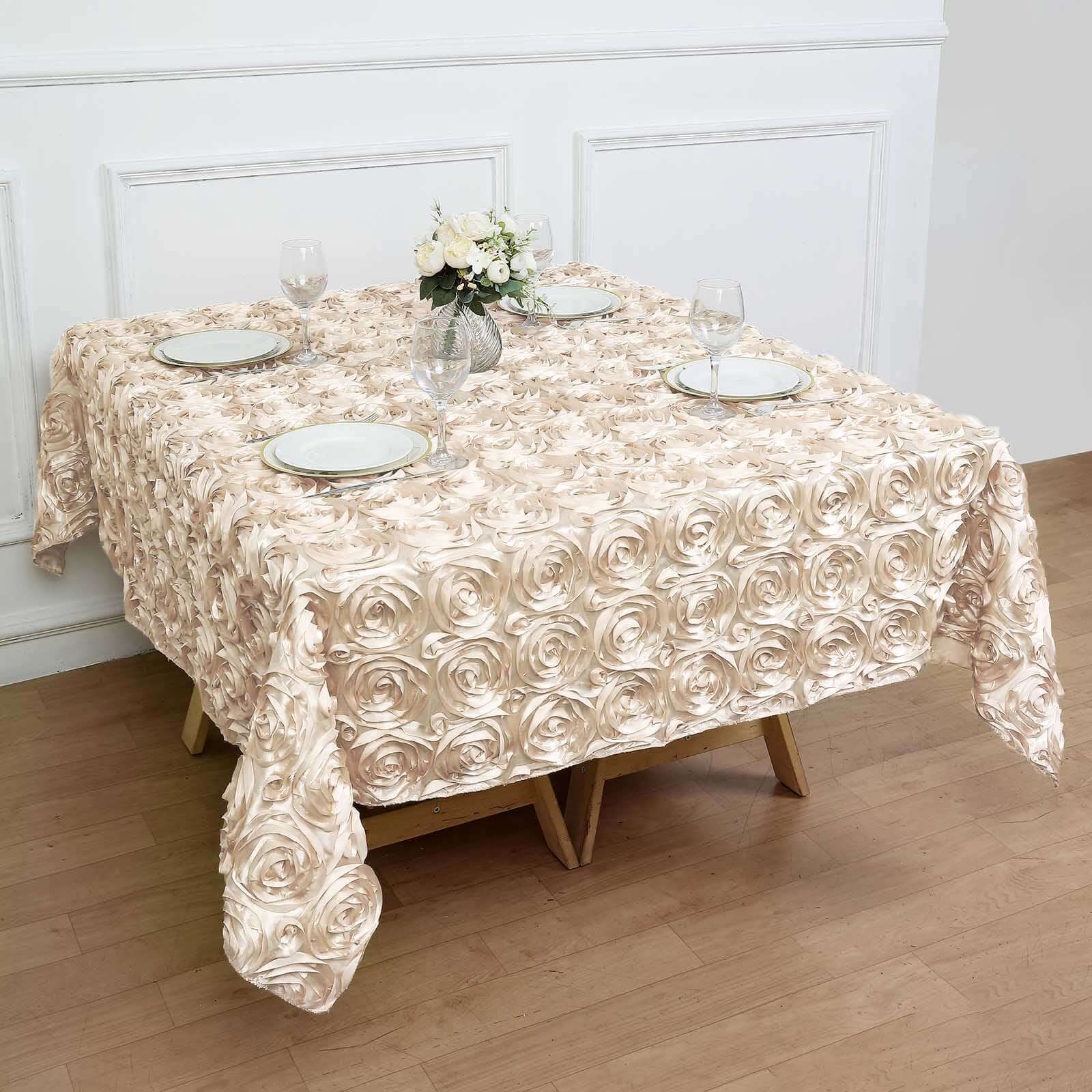 Satin 72"x72" Table Overlay Square Tablecloth Beige - 3D Rosette Table Cover