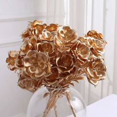 2-Pack Artificial Rose Bloomed Flower Bouquet Metallic Gold - Lustrous Faux Floral Arrangement for Seasonal Displays & Luxurious Decor Themes 17"
