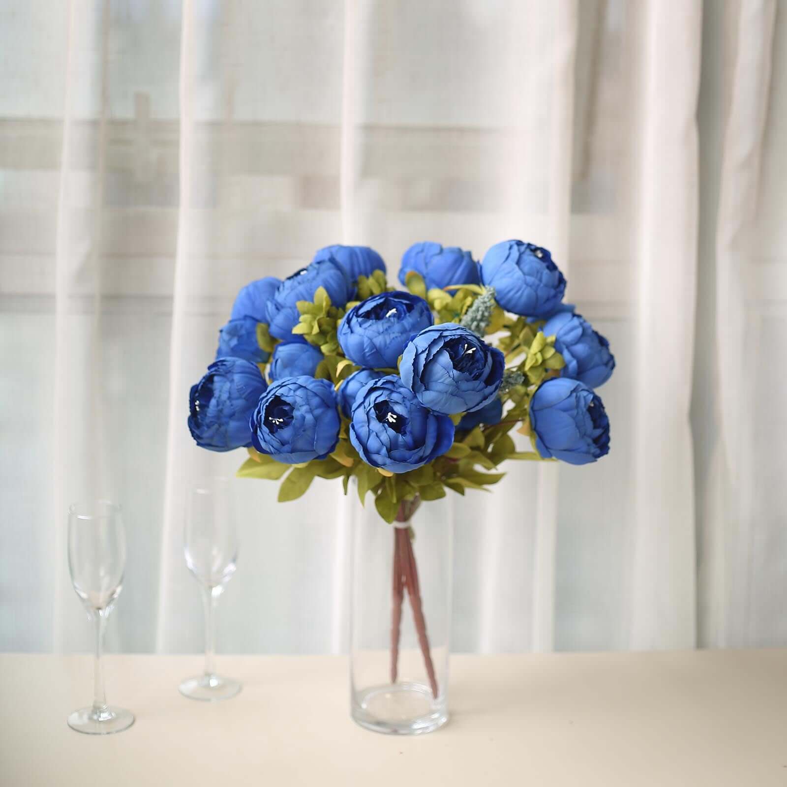 2 Pack 19" Royal Blue Artificial Peony Flower Wedding Bouquets, Faux Silk Flower Arrangements