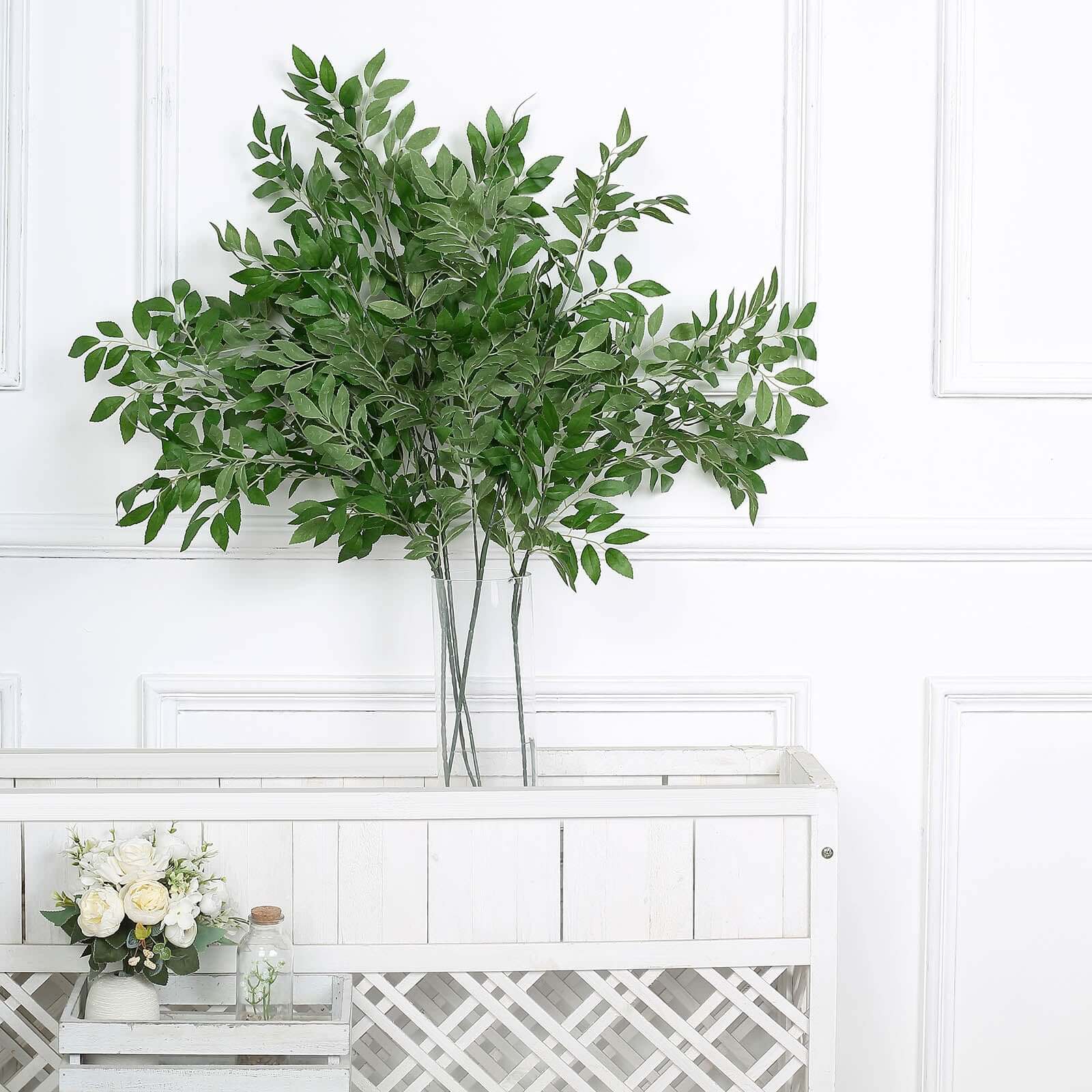 2 Bushes 42" Tall Light Green Artificial Silk Beech Leaf Branches, Faux Plant Stem Vase Fillers