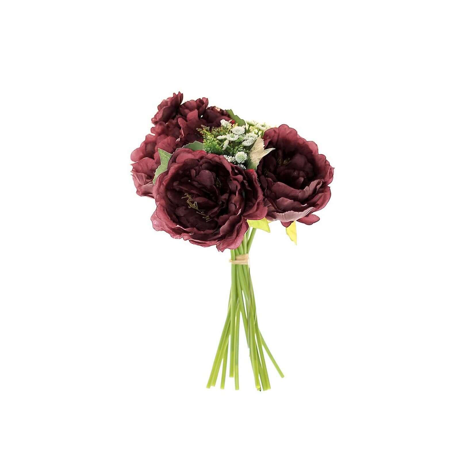 12" Burgundy Artificial Silk Peonies Bouquet, Faux Peony Spray Bush