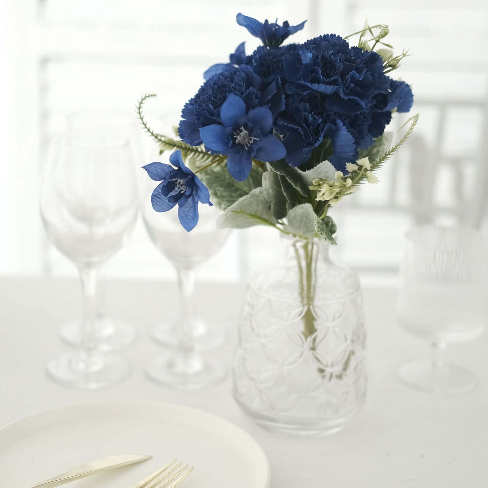 3 Pack 14" Navy Blue Artificial Silk Carnation Flower Arrangements, Faux Floral Bouquets Bushes
