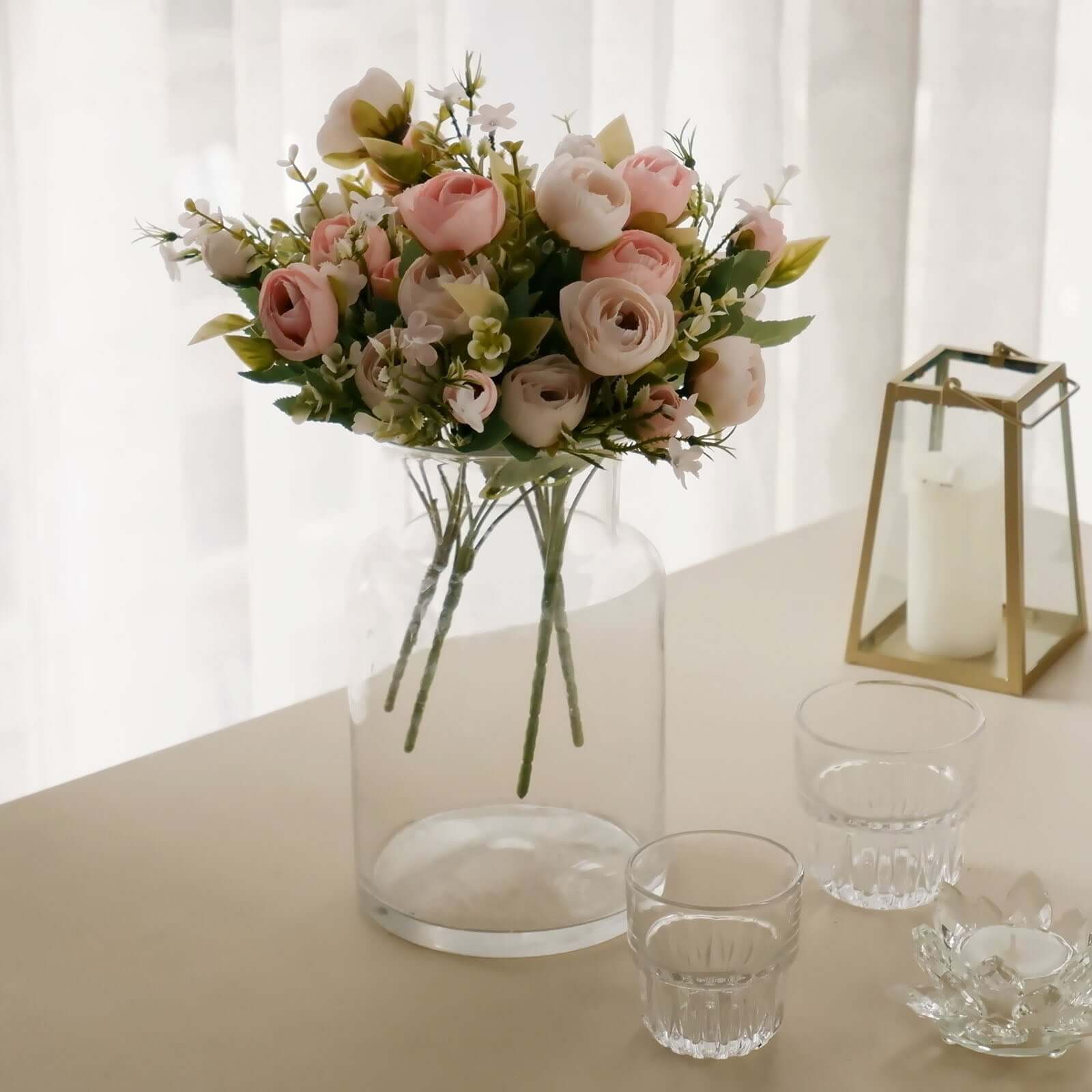 4 Pack 12" Artificial Blush Ranunculus Silk Flower Bridal Bouquets, Faux Buttercup Floral Arrangement