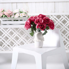 12" Fuchsia Artificial Velvet-Like Fabric Rose Flower Bouquet Bush