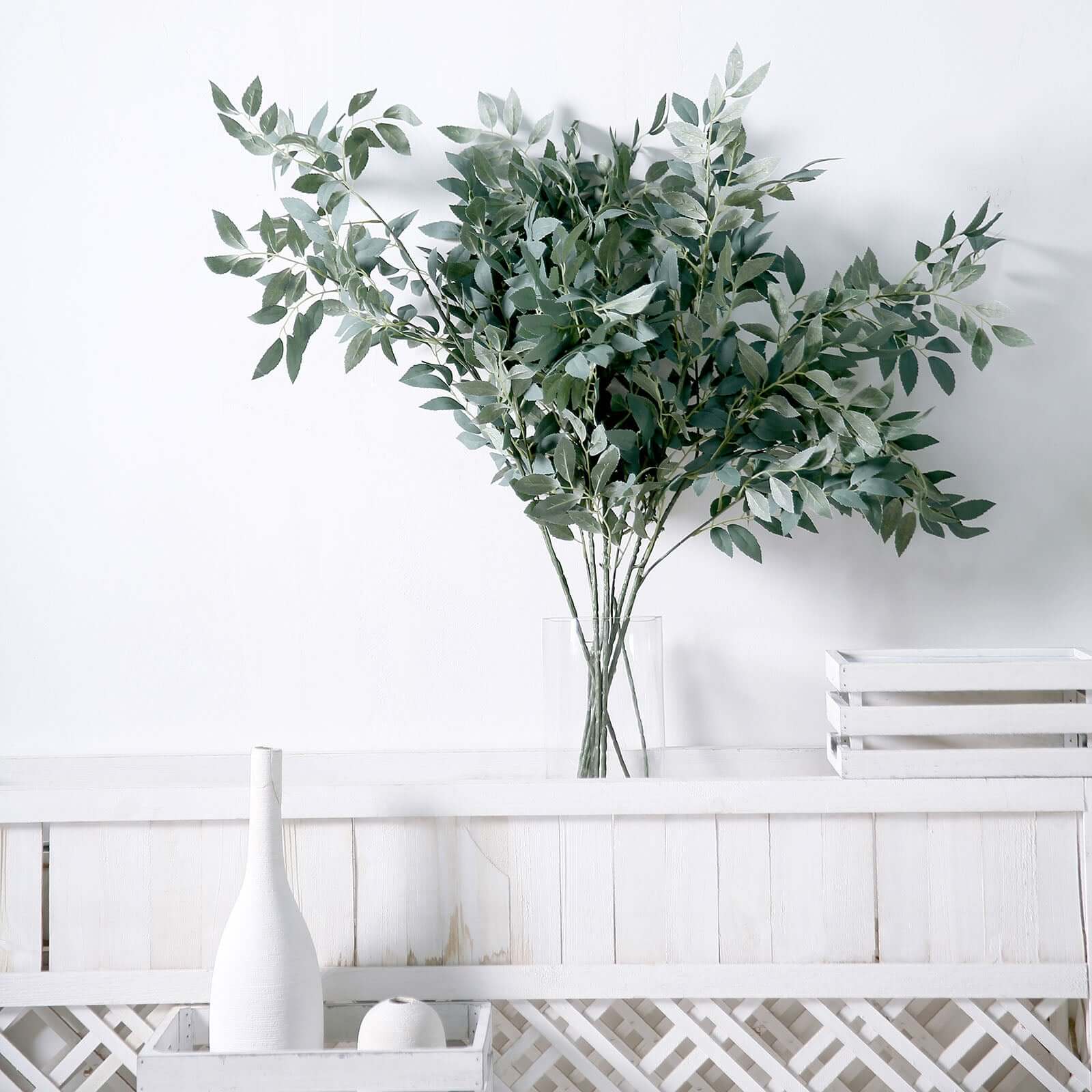 2 Bushes 42" Tall Frosted Green Artificial Silk Beech Leaf Branches, Faux Plant Stem Vase Fillers