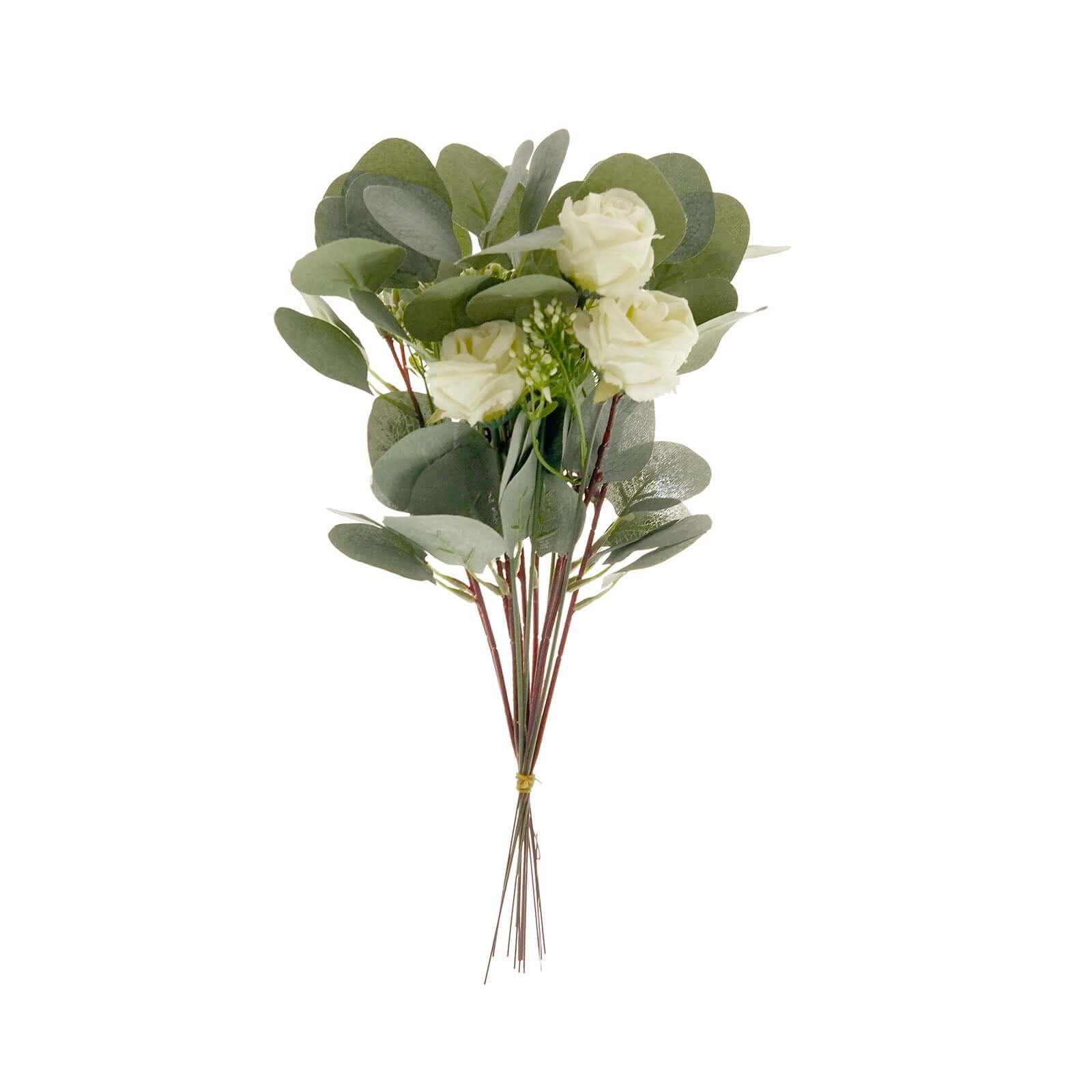 15" Ivory Artificial Silk Rose and Eucalyptus Flower Bouquet Arrangement