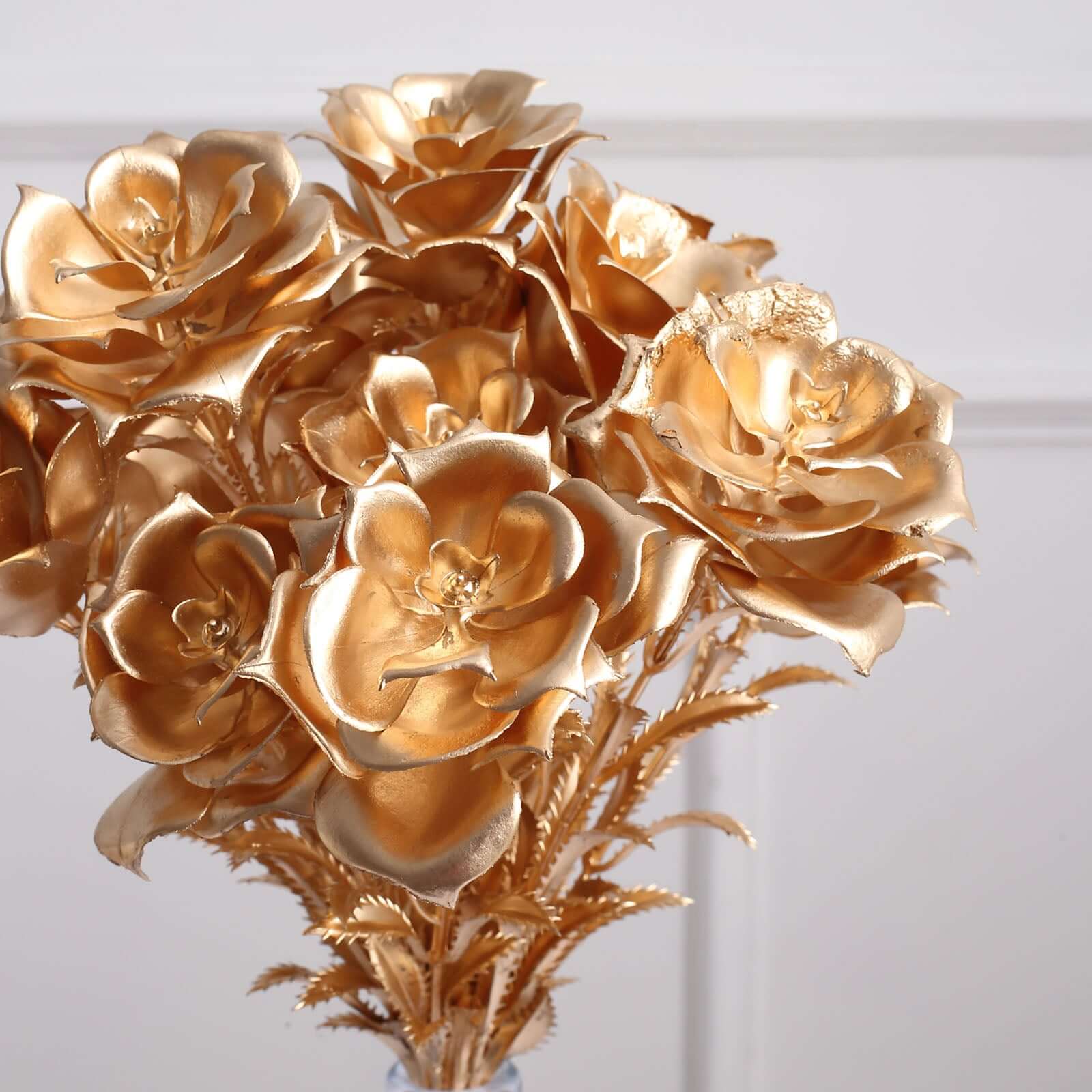2-Pack Artificial Rose Bloomed Flower Bouquet Metallic Gold - Lustrous Faux Floral Arrangement for Seasonal Displays & Luxurious Decor Themes 17"