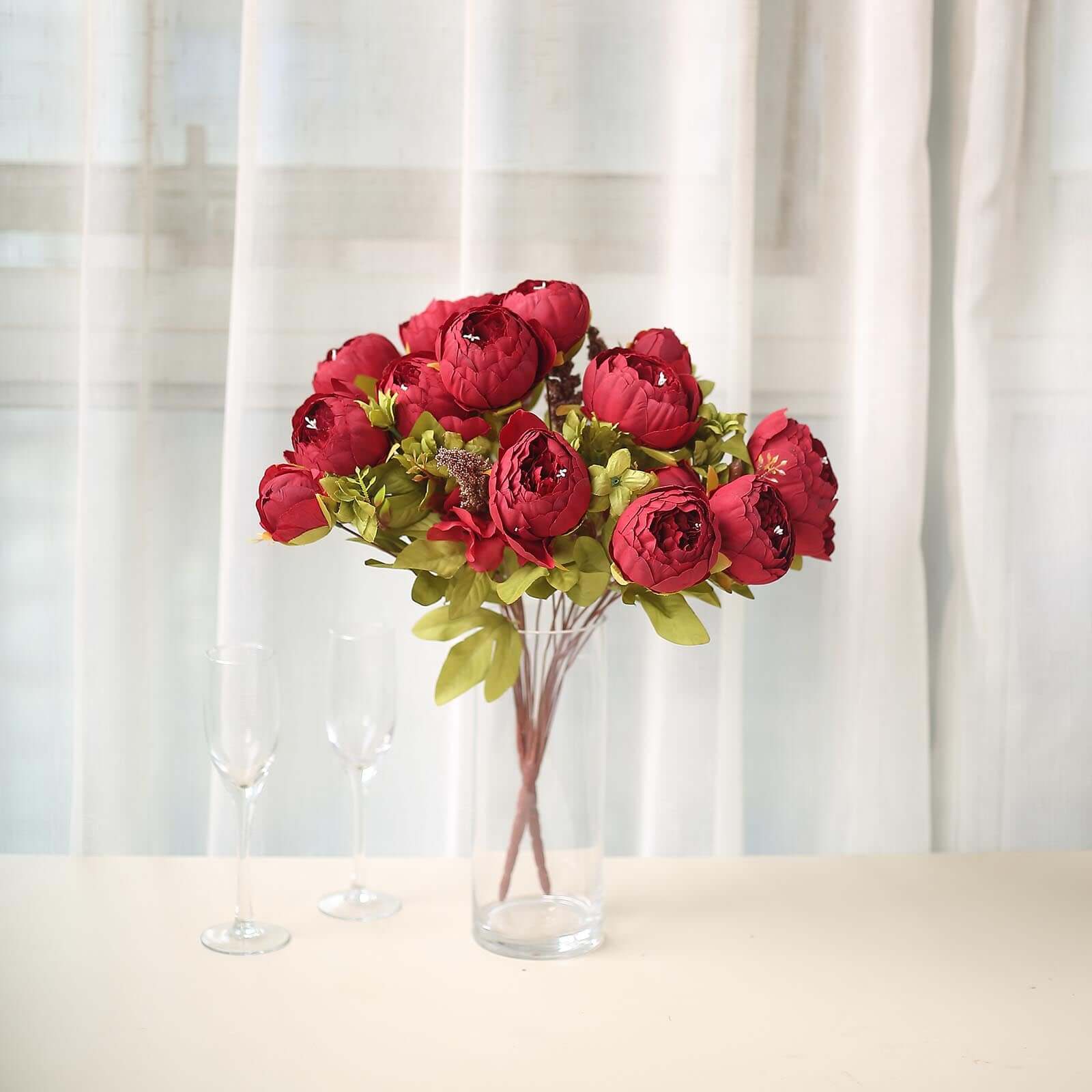 2 Pack 19" Burgundy Artificial Peony Flower Wedding Bouquets, Faux Silk Flower Arrangements